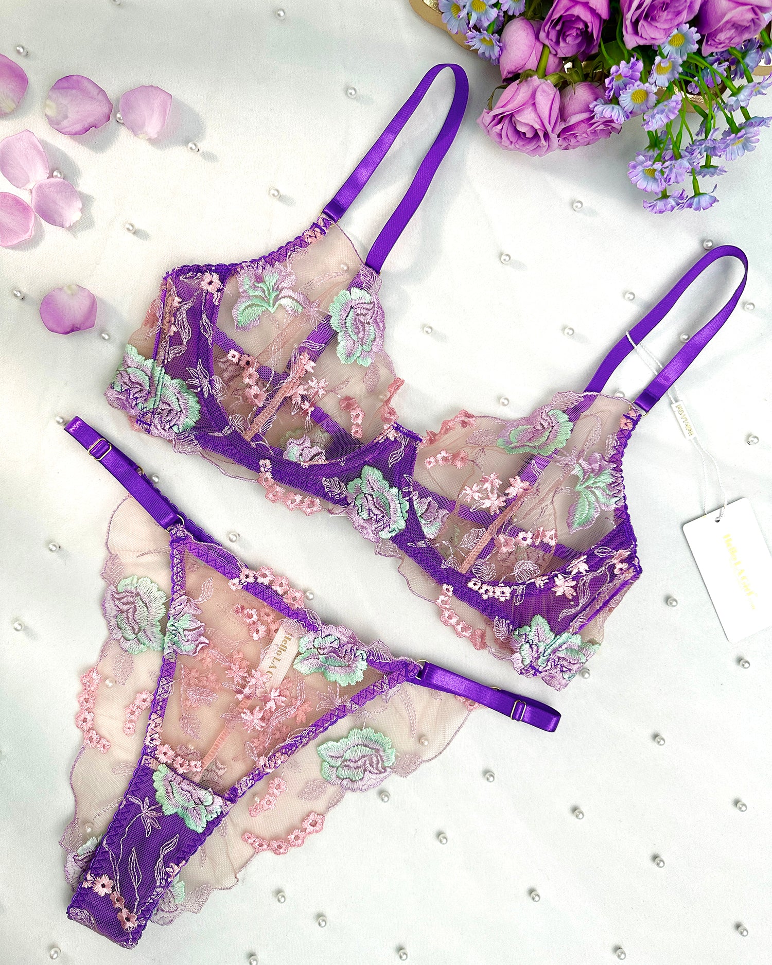 Purple Petal Embroidered Lingerie Set