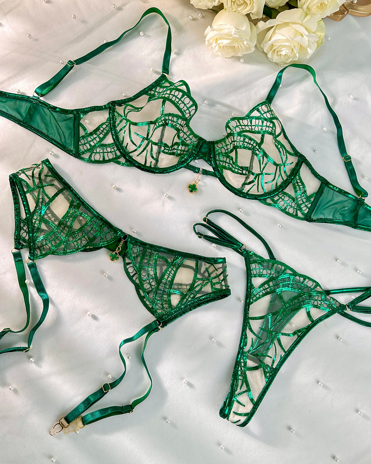 Luxe Green Metallic Foil Lace Lingerie Set