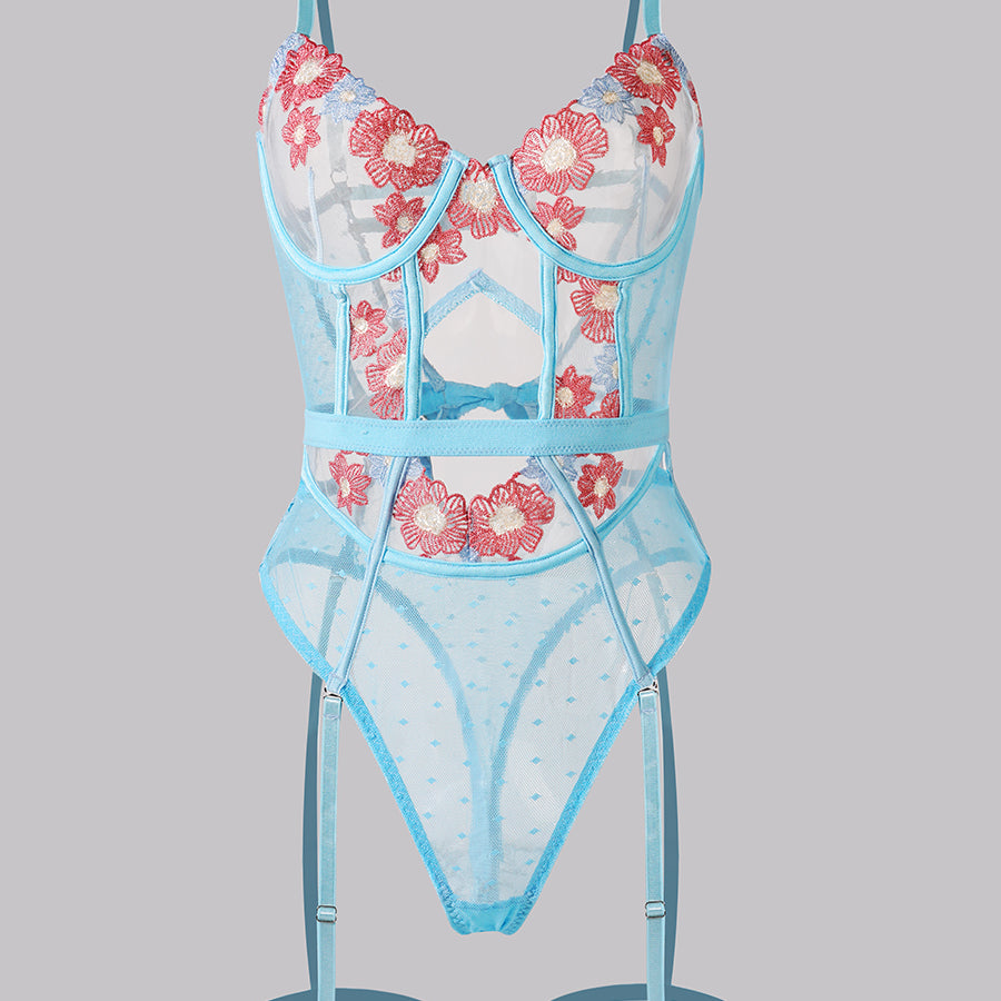 Blue Floral Embroidered Lace Up Teddy Lingerie Bodysuit