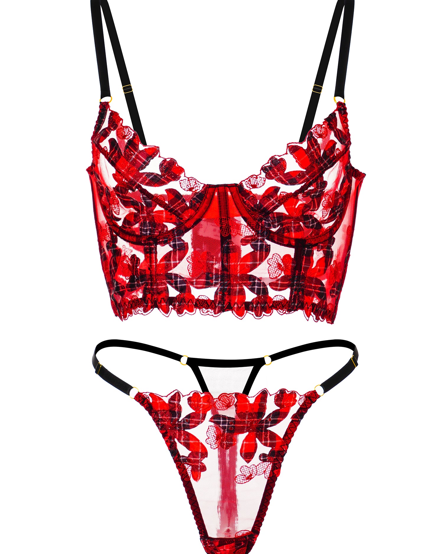 Red Tartan Flower Lace Lingerie Set
