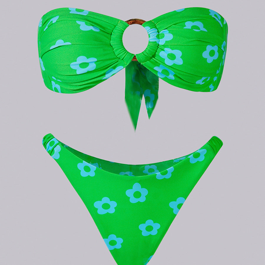 Green Floral Print Double layer Bikini Set