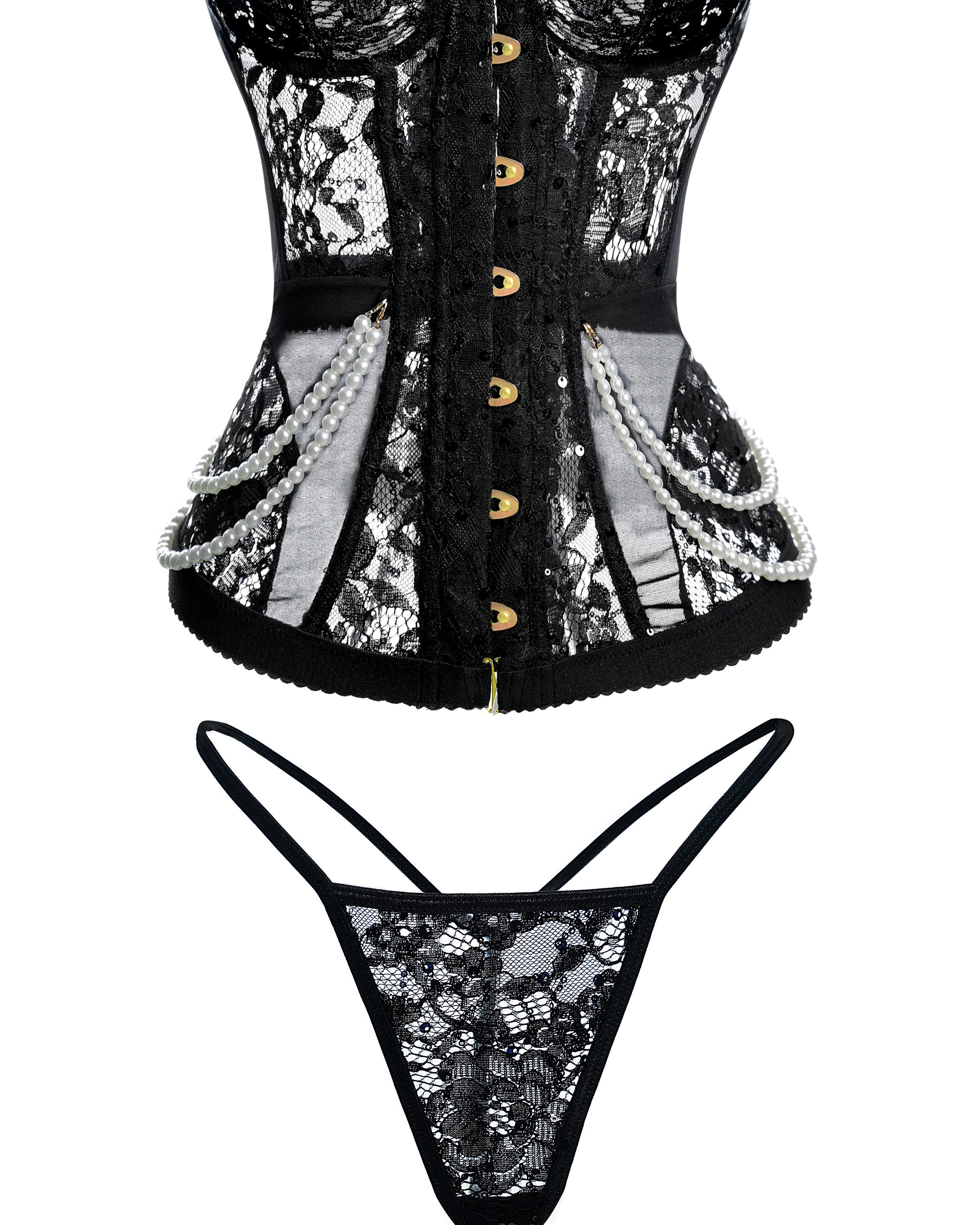 Black lace corset and thong set on a white background