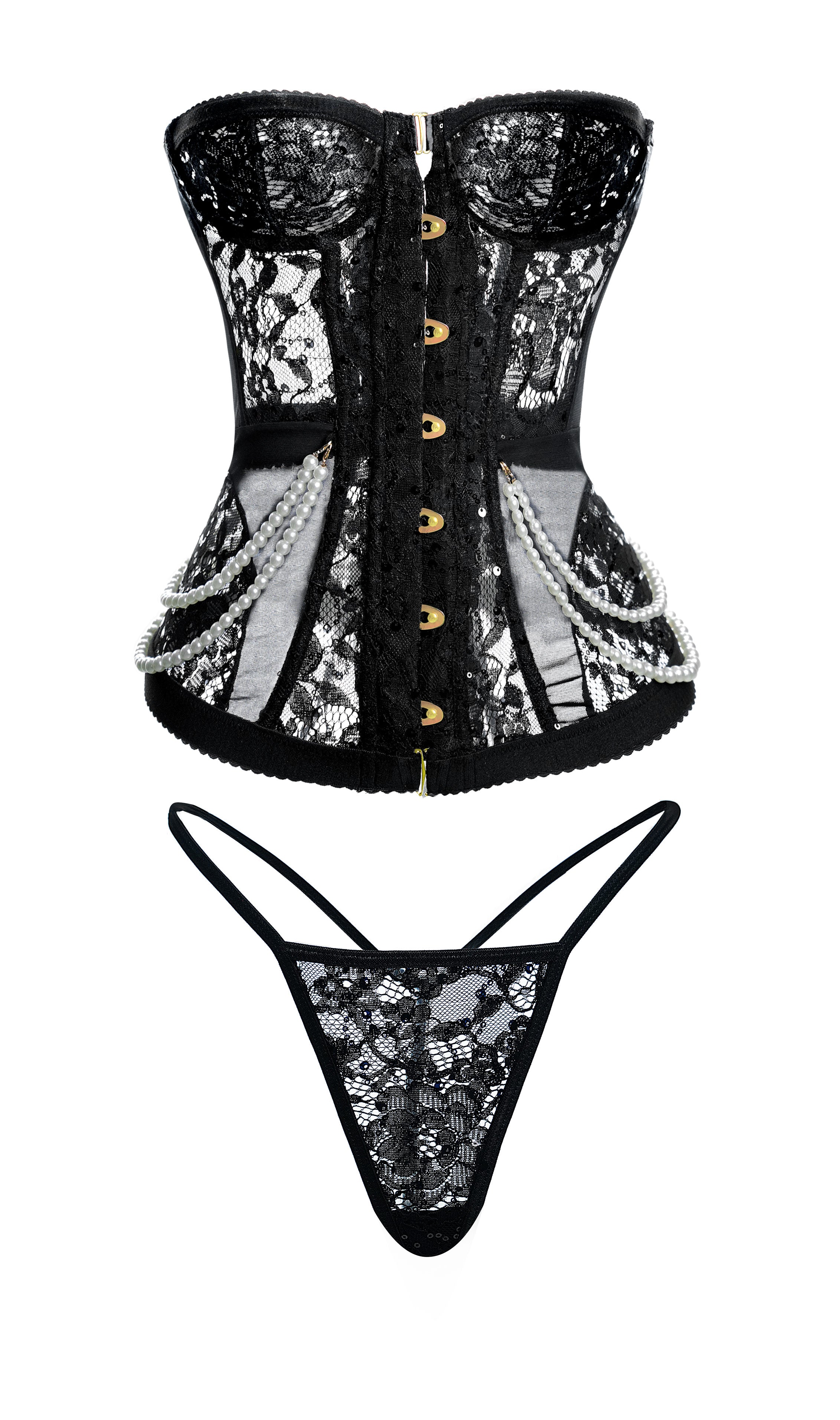 Black lace corset and thong set on a white background