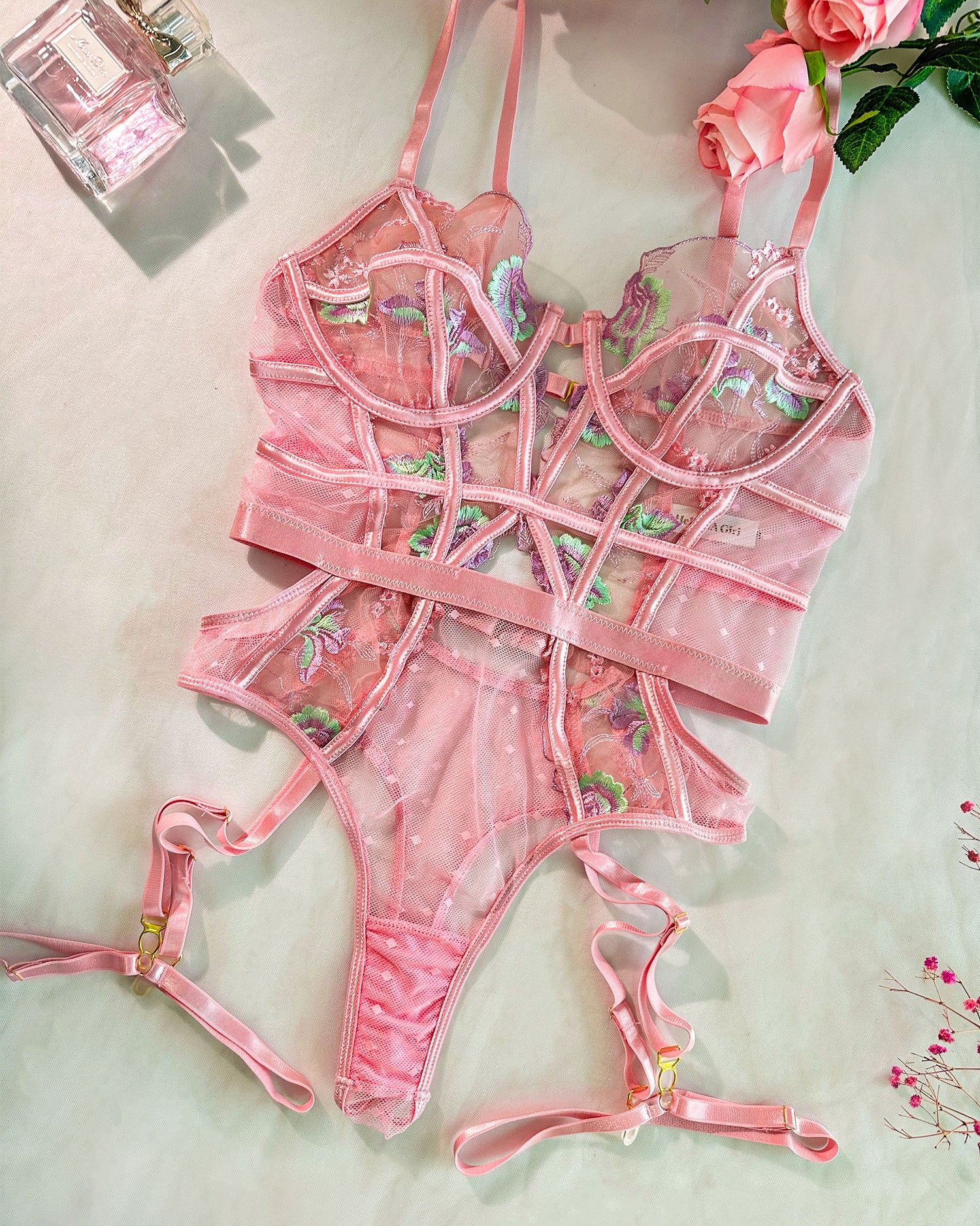Pink Deluxe Floral Embroidered Bodysuit