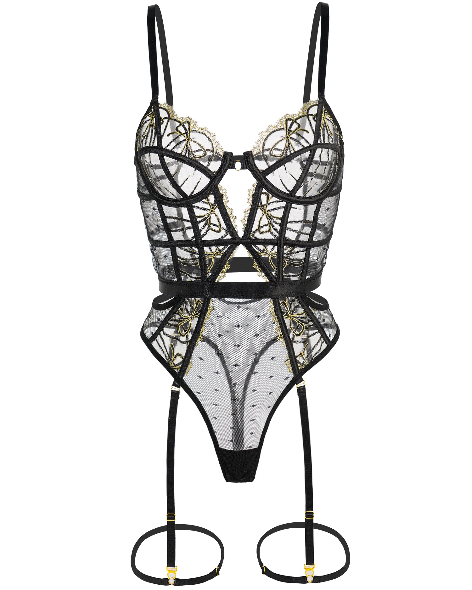 Black Gold-threaded Butterfly Bow Lace Bodysuit