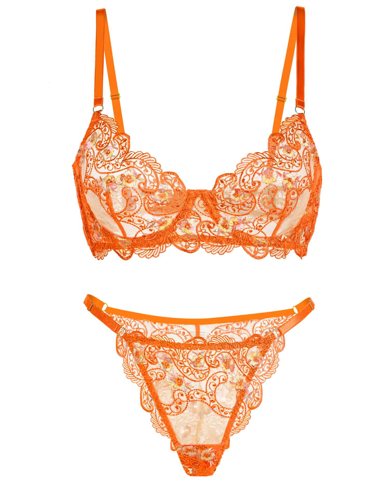 Orange Floral Embroidery Lingerie Set