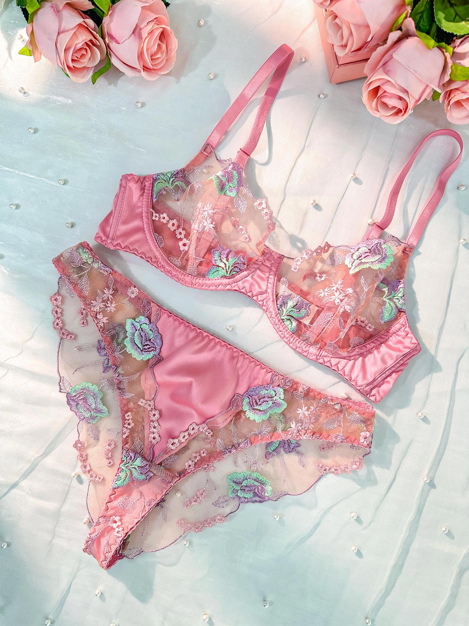 Pink Petals Embroidered Lingerie Set | HelloLAGirl