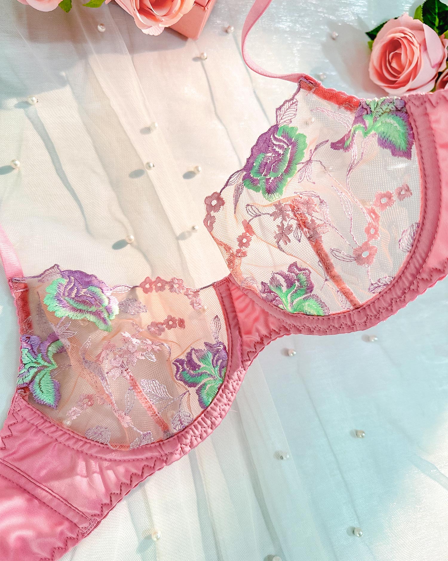 Pink Petals Embroidered Lingerie Set | HelloLAGirl