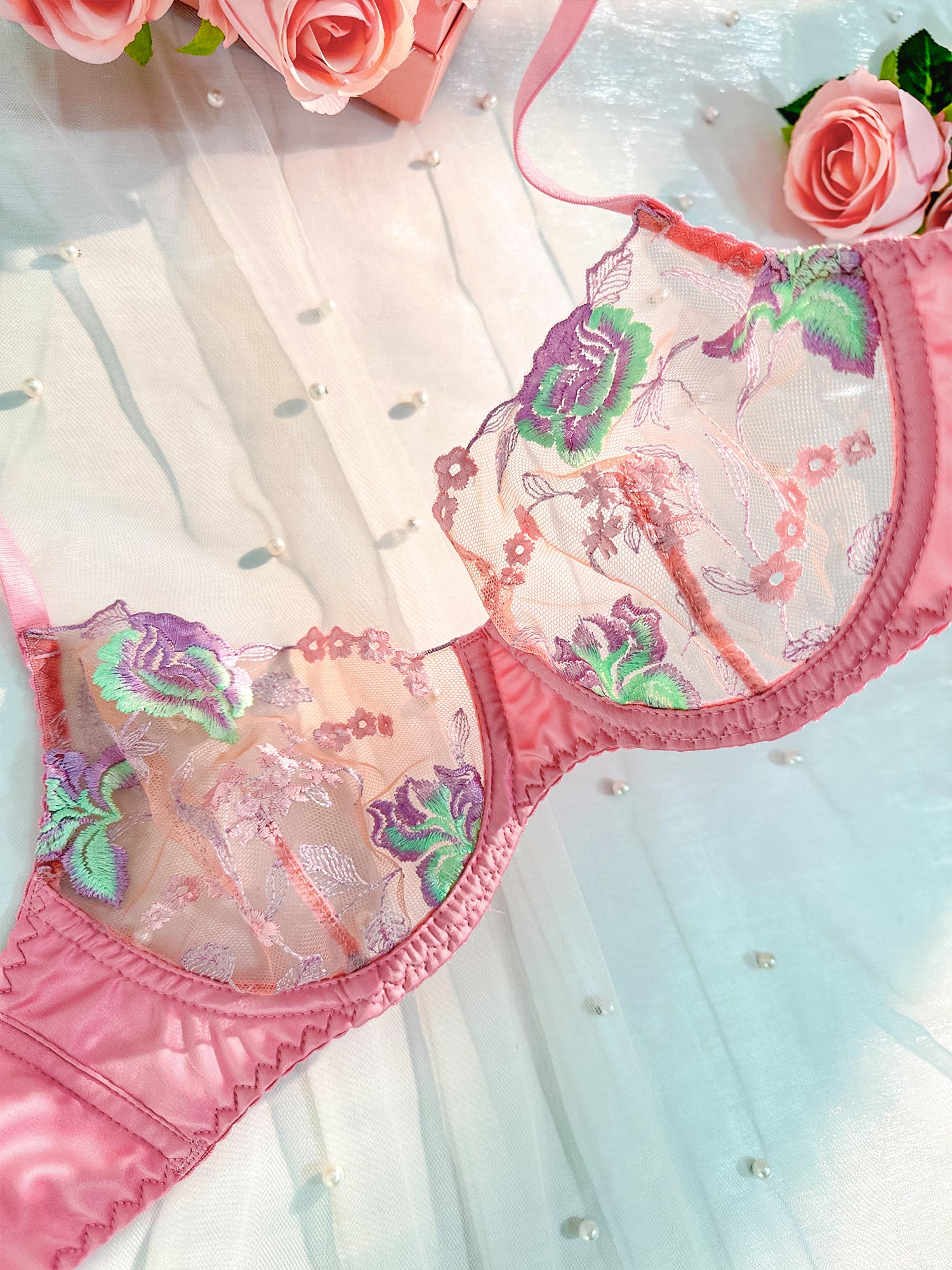 Pink Petals Embroidered Lingerie Set | HelloLAGirl