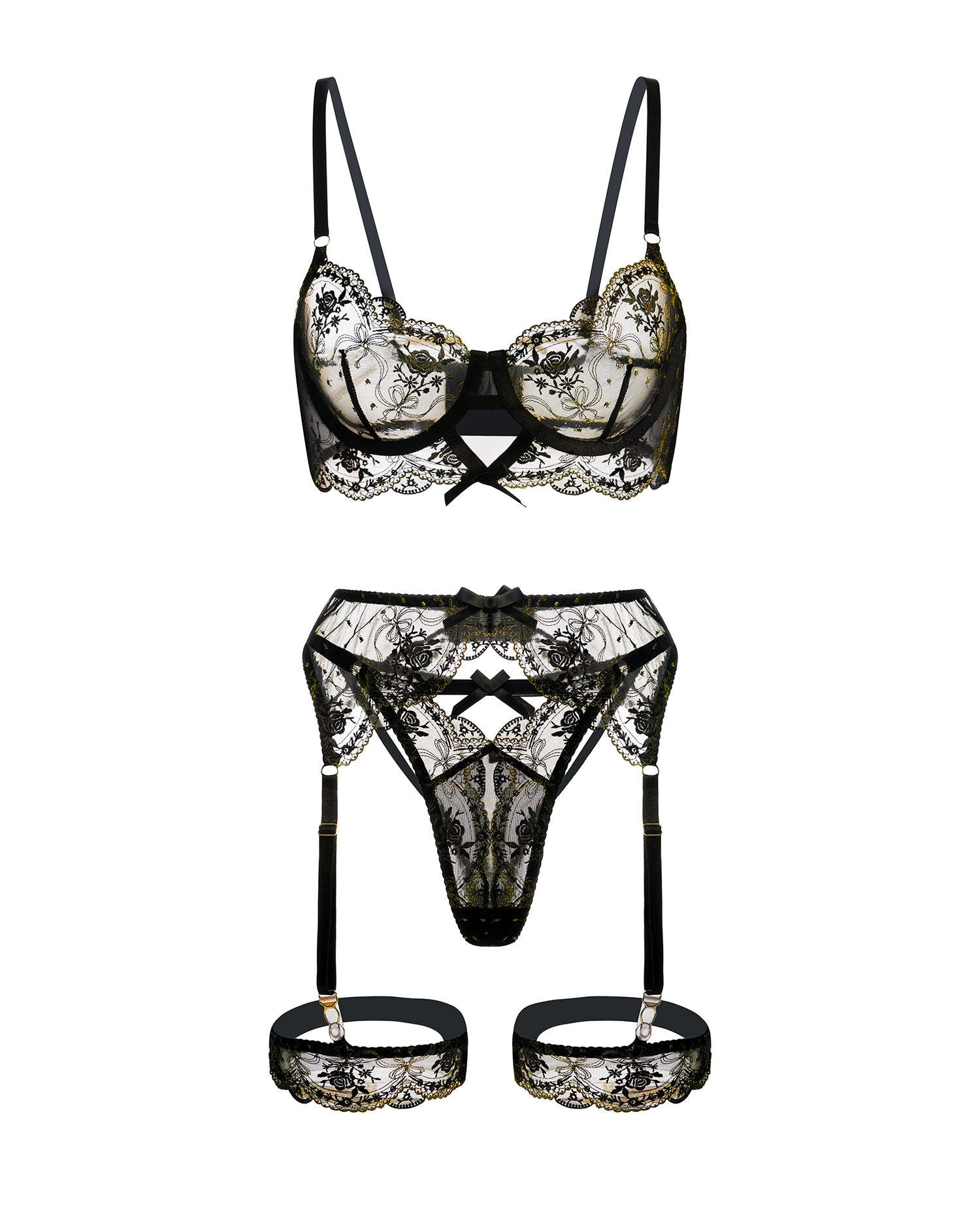 Sheer Black &Golden Embroidery Lingerie Set