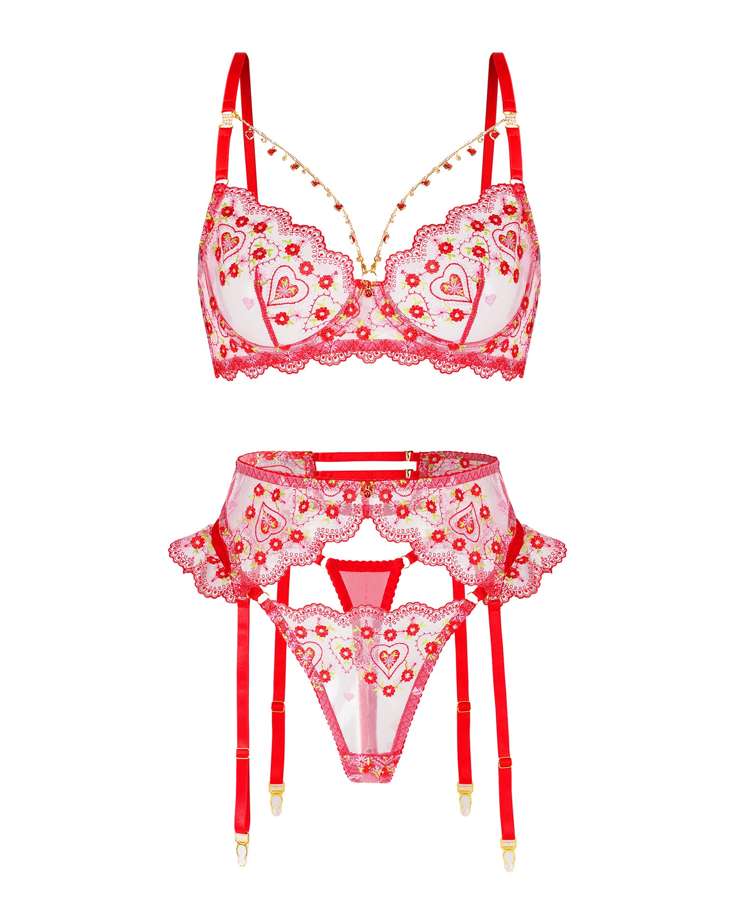A red and white lingerie set featuring a bralette with floral lace applique, a matching garter belt with attached thong, and red suspender straps with gold-toned tips, displayed on a solid white background.