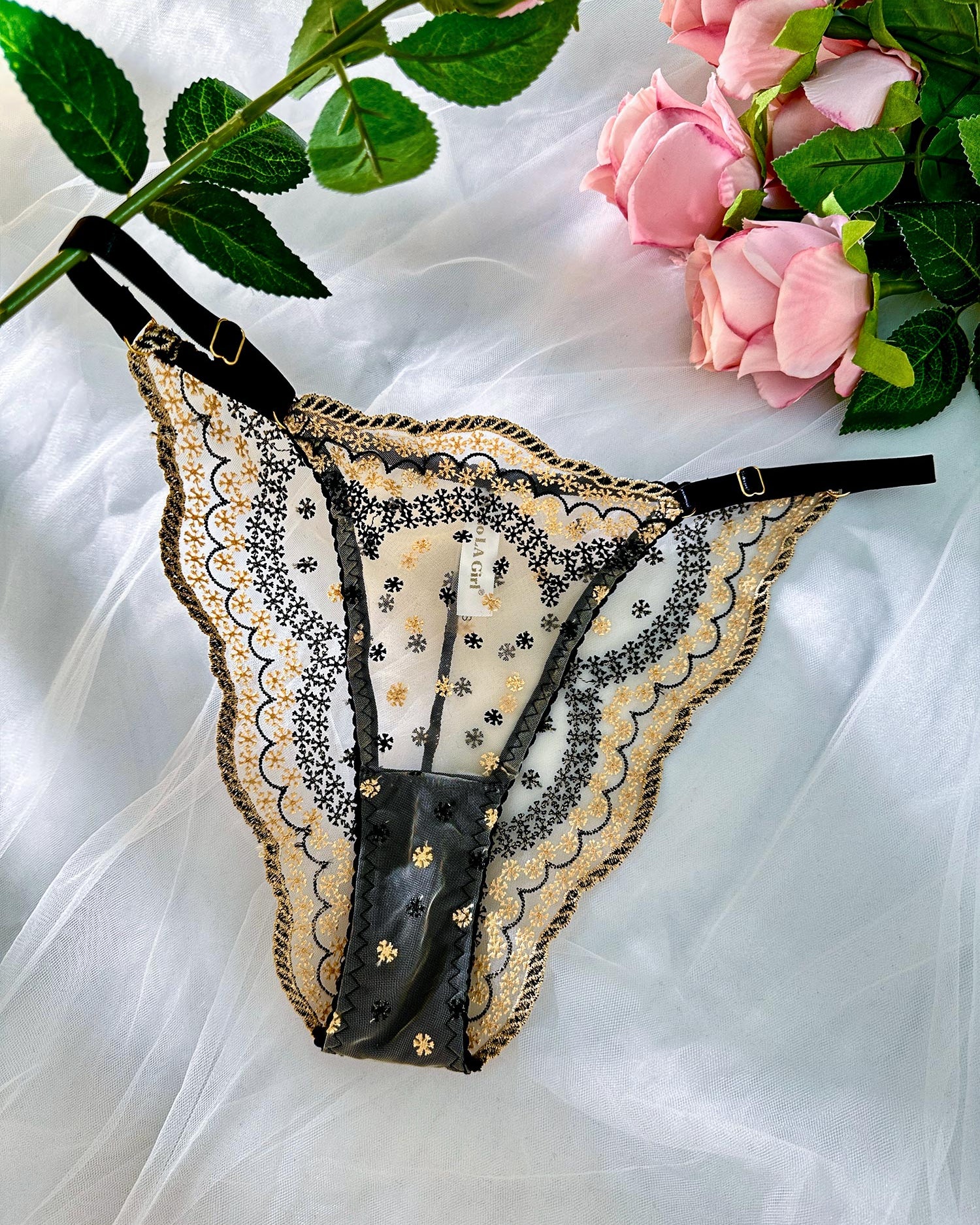 Black&Gold Luxury Lace Embroidered Thong