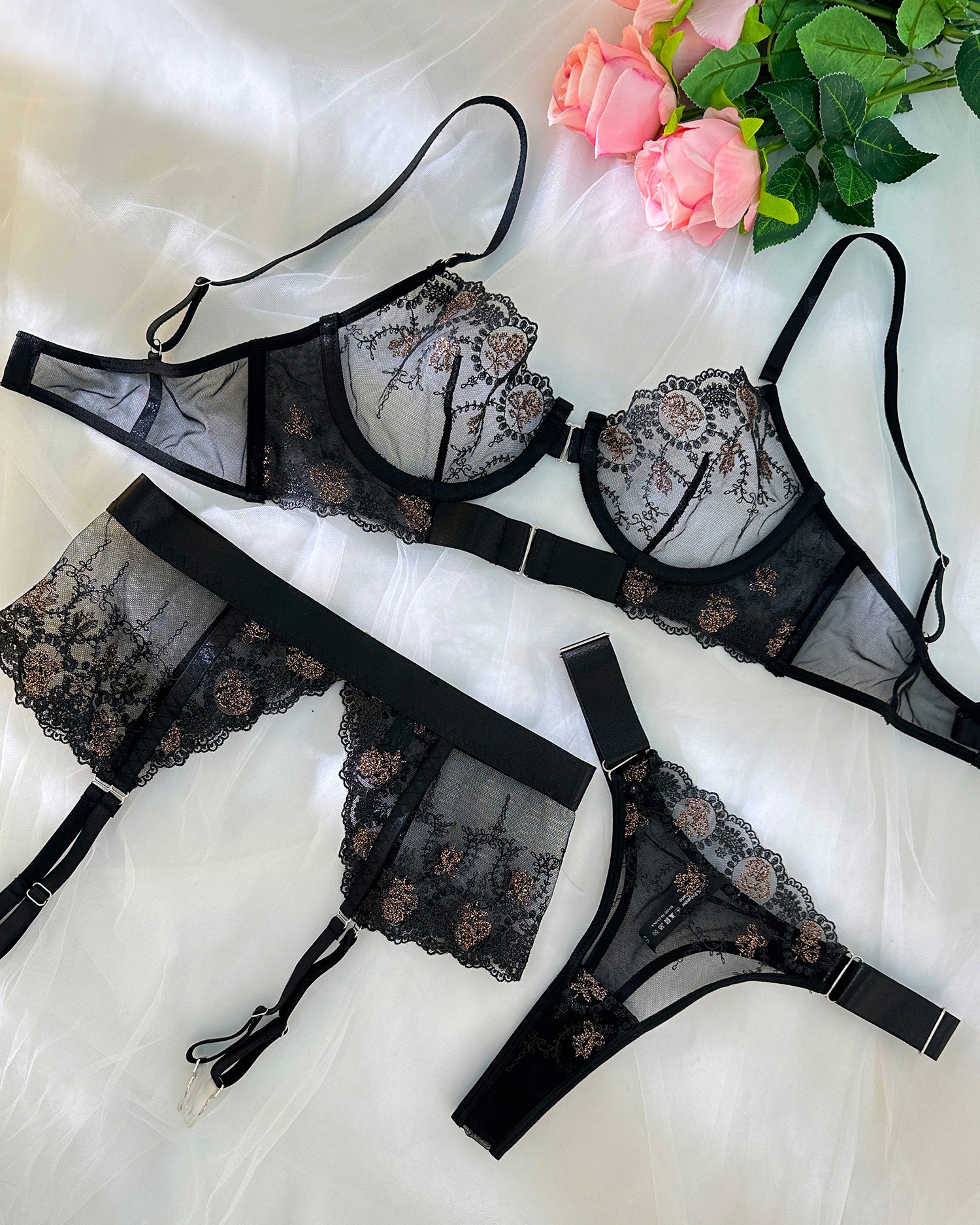 Sheer Black&Champagne Embroidered Lace Lingerie Set
