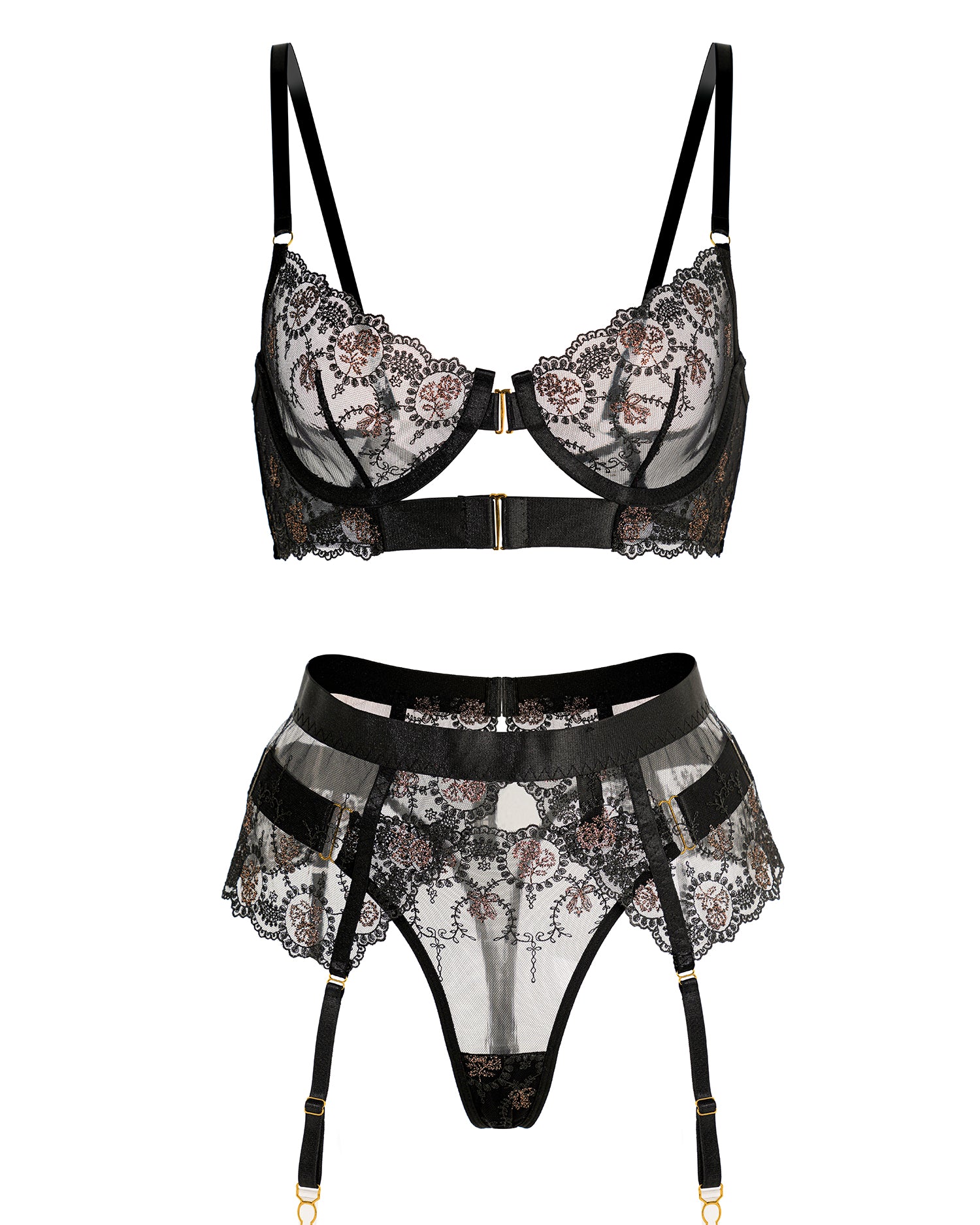Sheer Black&Champagne Embroidered Lace Lingerie Set