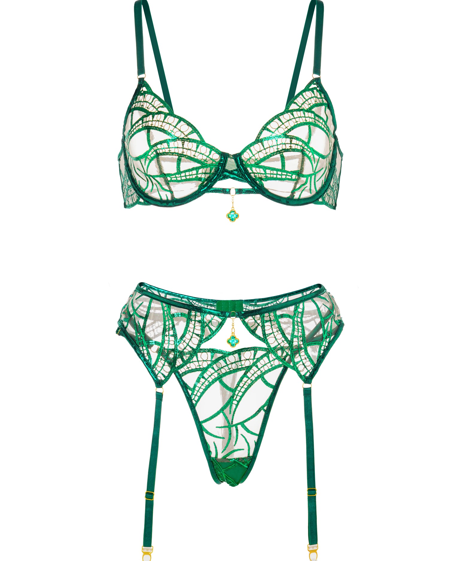 Luxe Green Metallic Foil Lace Lingerie Set