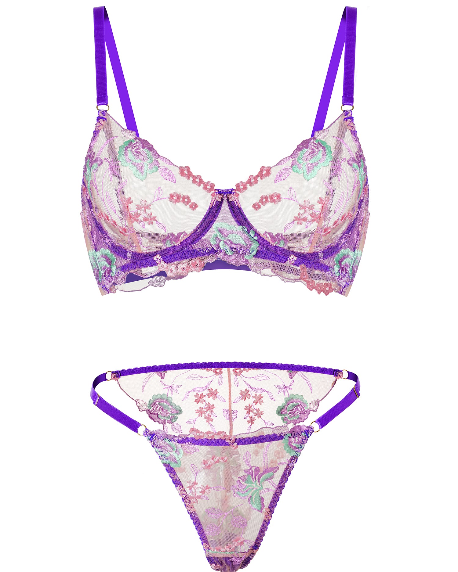 Purple Petal Embroidered Lingerie Set