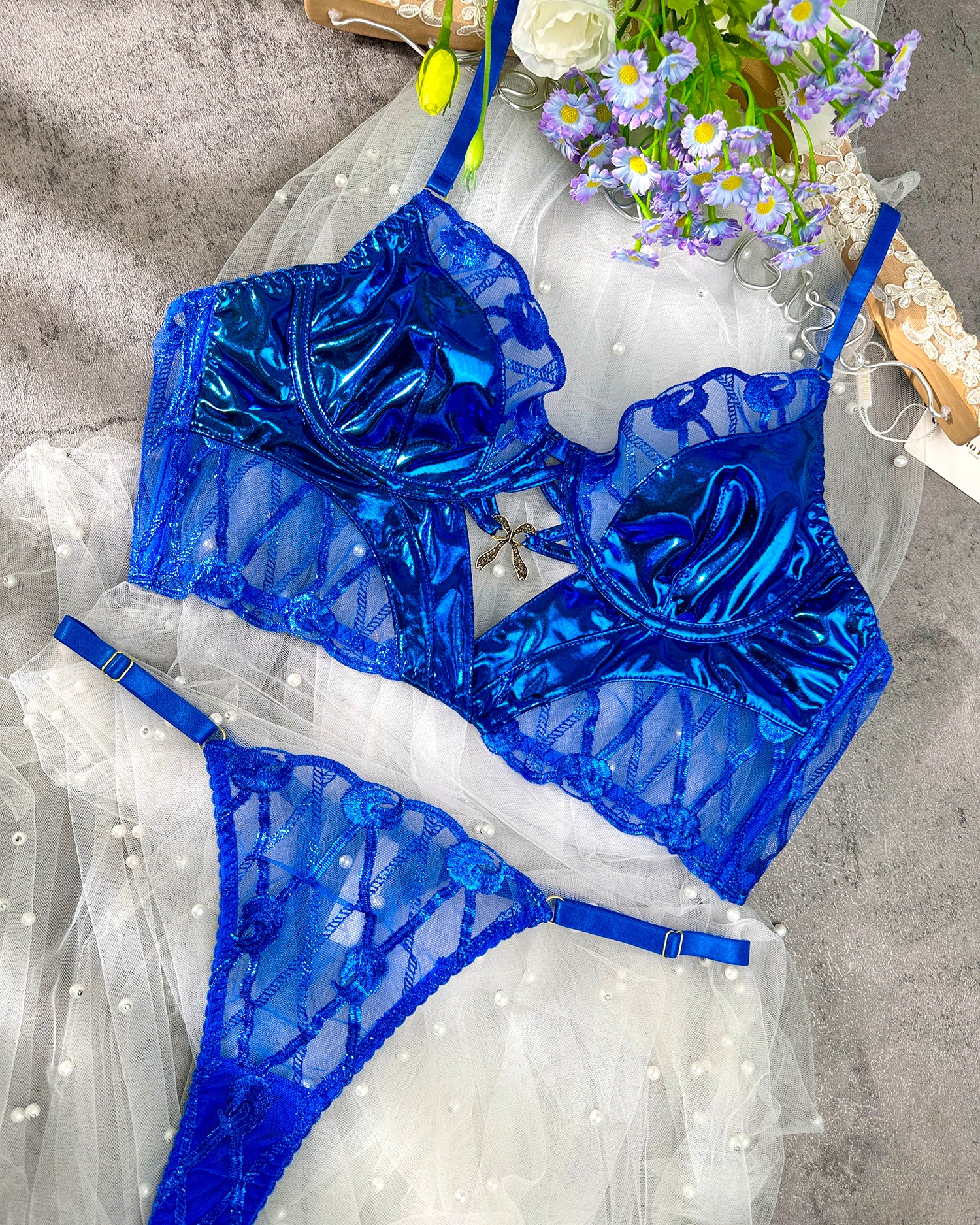 Midnight Blue Leather Lace Embellished Lingerie Set