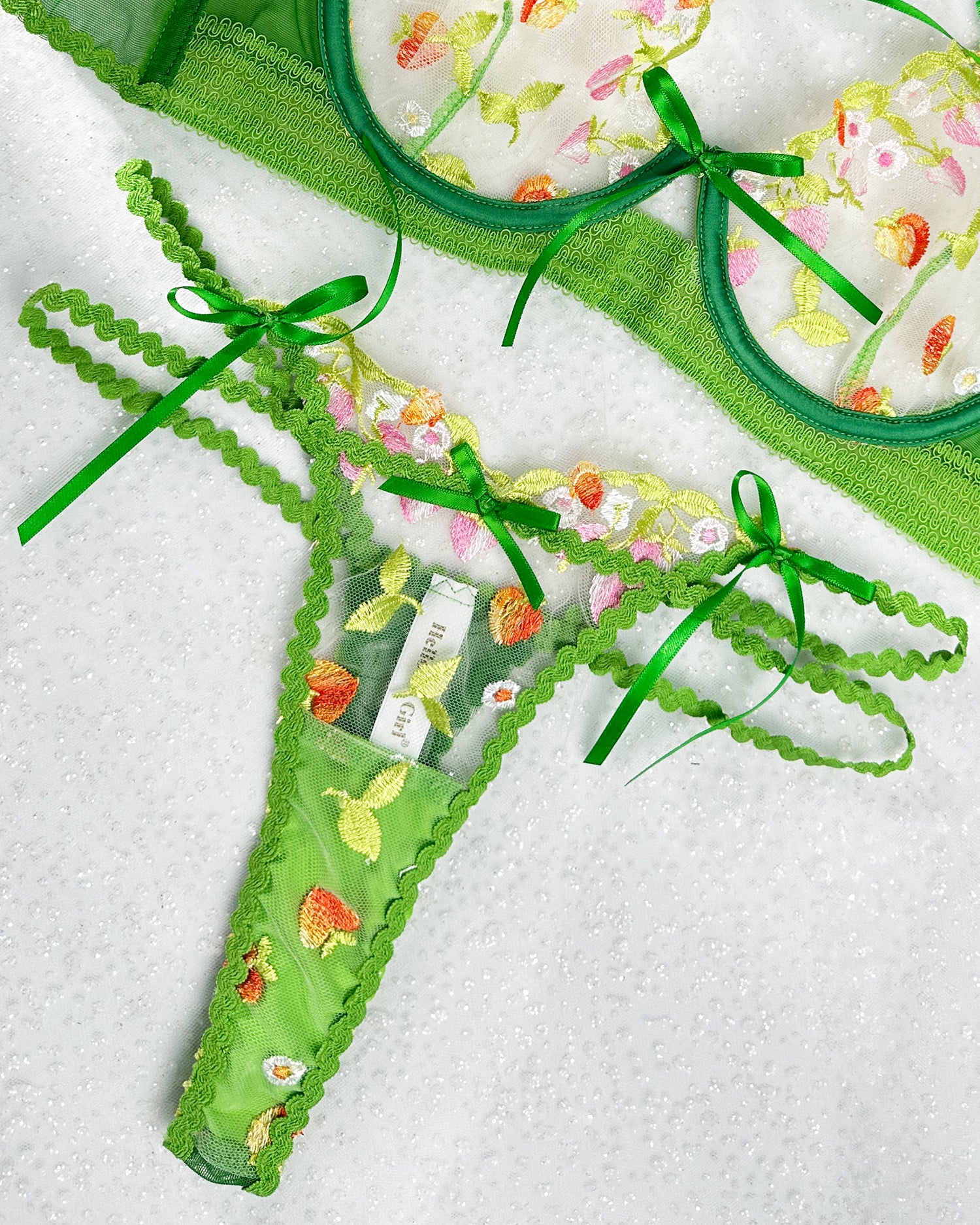 Summer Garden Green Floral Lace Lingerie Set