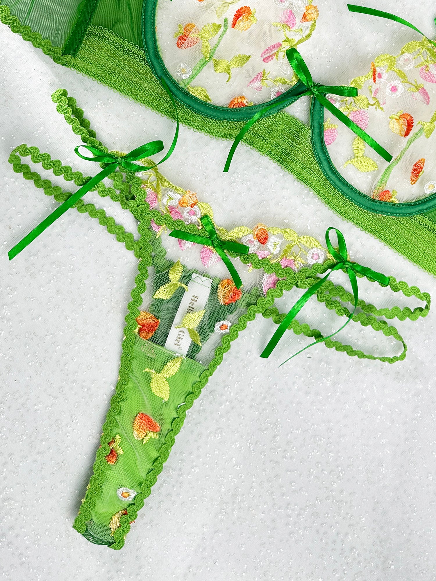 Summer Garden Green Floral Lace Lingerie Set