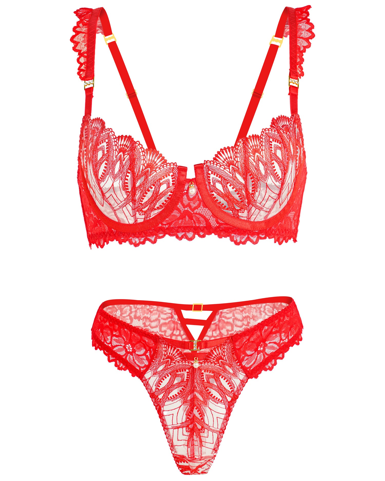 Eye-catching Red Embroidered Small Pearl Lingerie Set