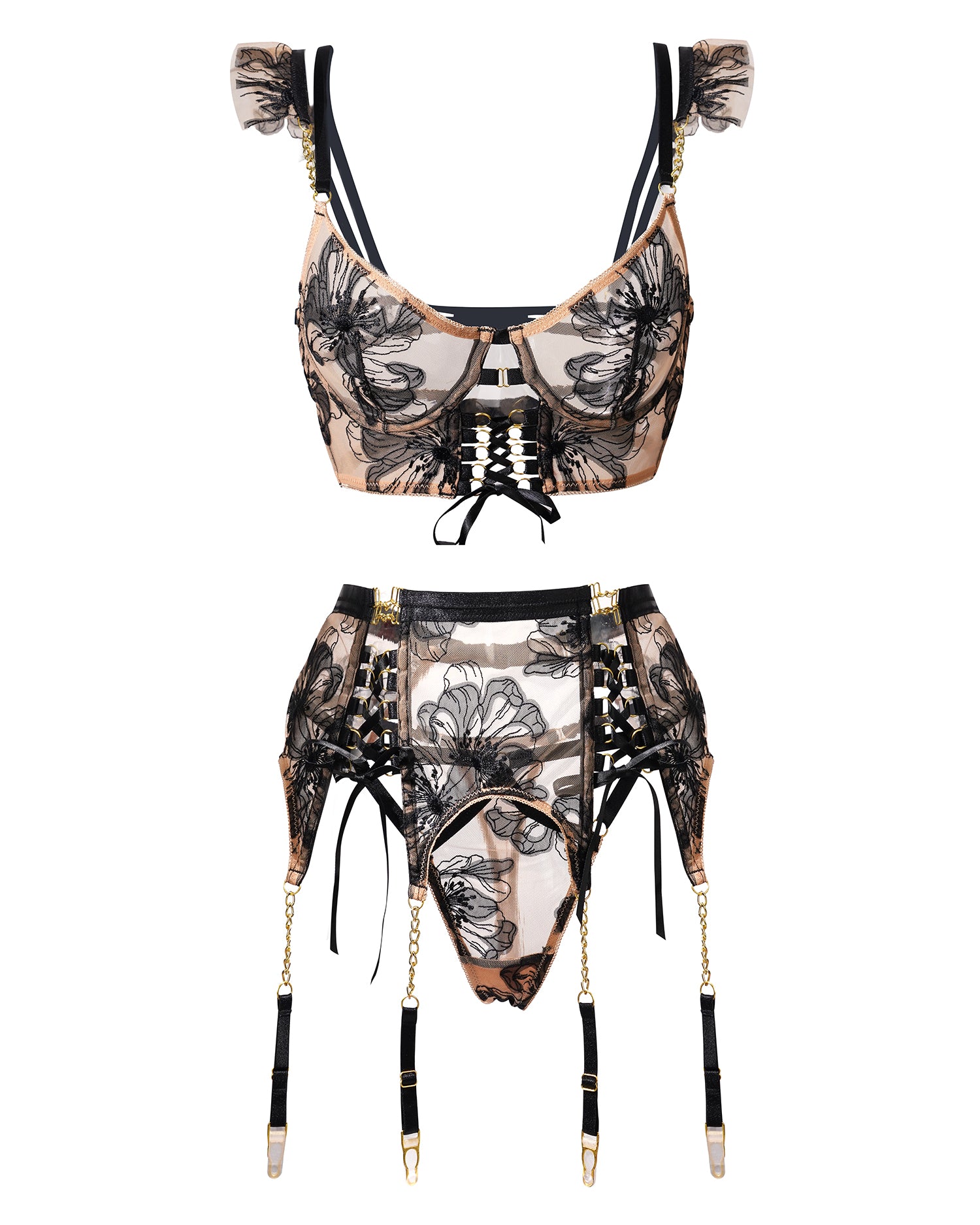 Black&Nude Ribbon Sculpting Body Lingerie Set| HelloLAGirl