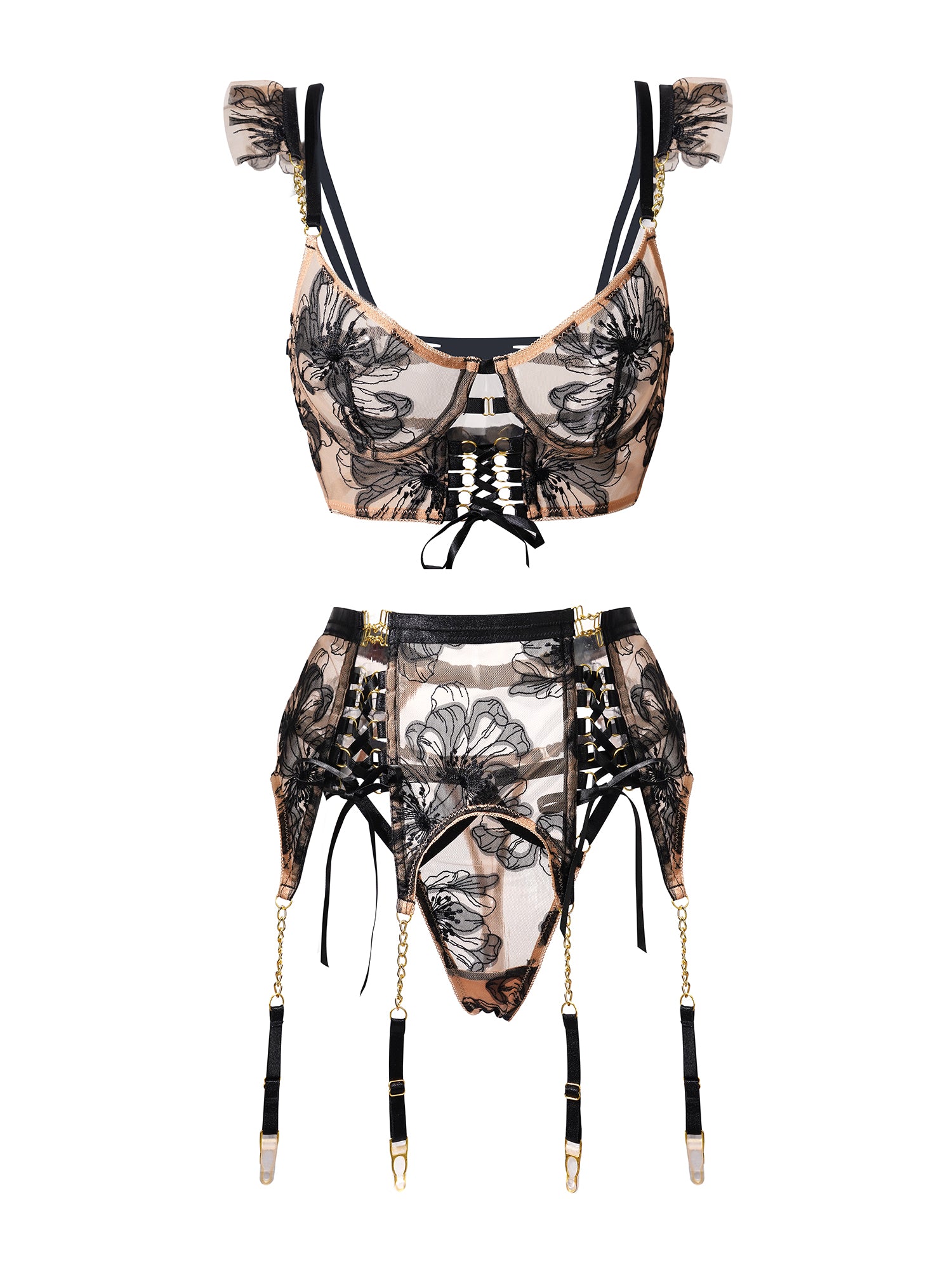 Black&Nude Ribbon Sculpting Body Lingerie Set| HelloLAGirl
