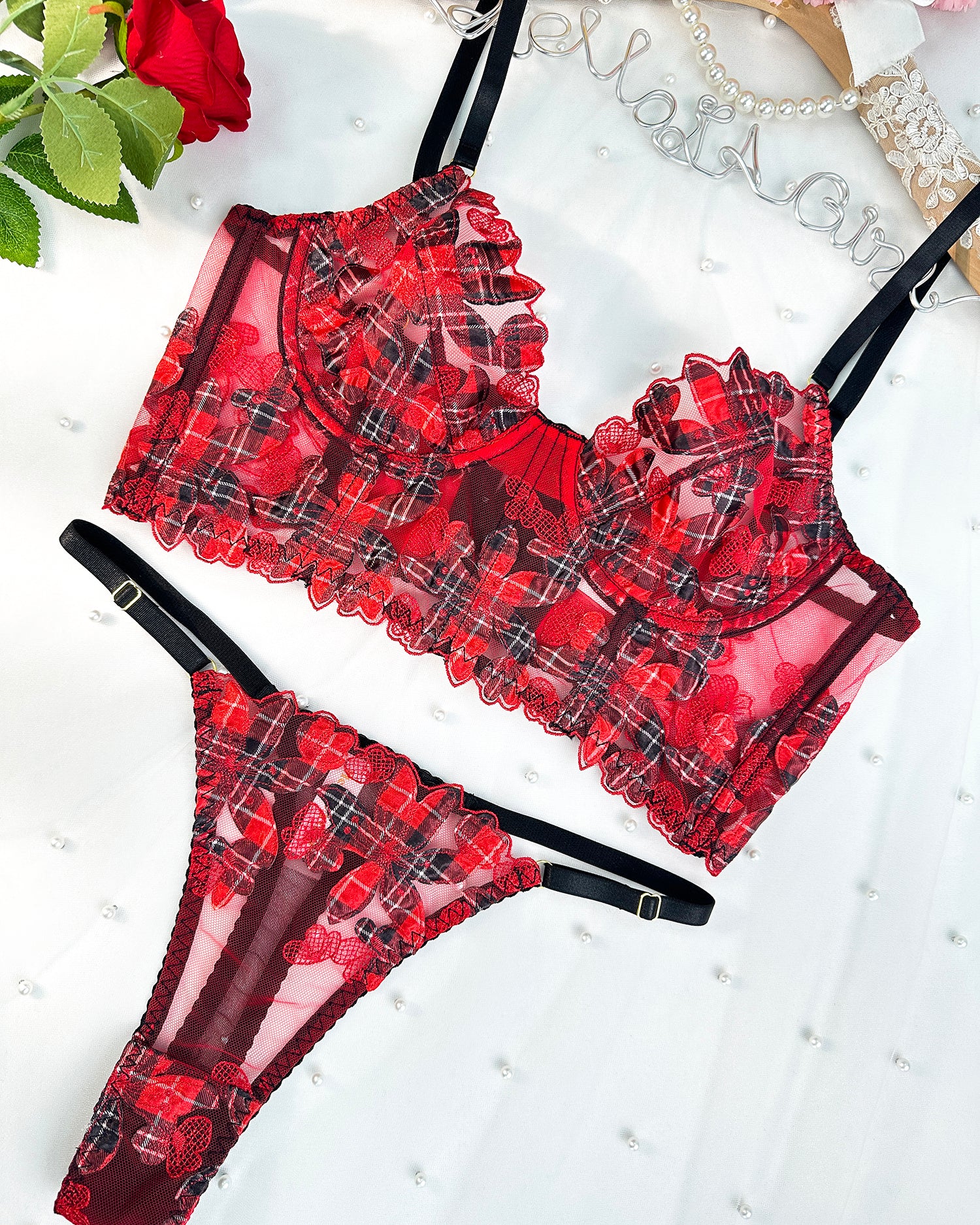 Red Tartan Flower Lace Lingerie Set