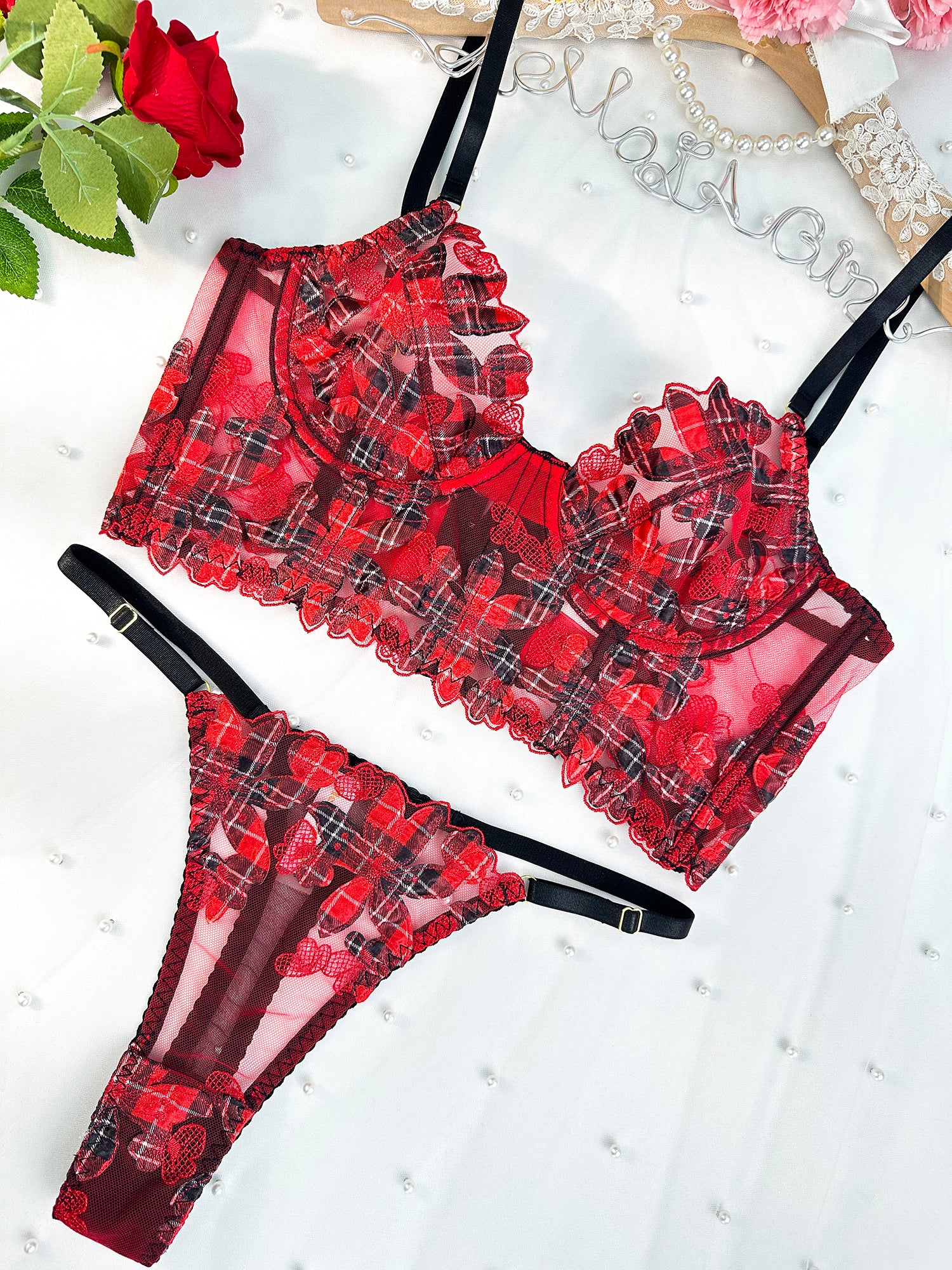 Red Tartan Flower Lace Lingerie Set
