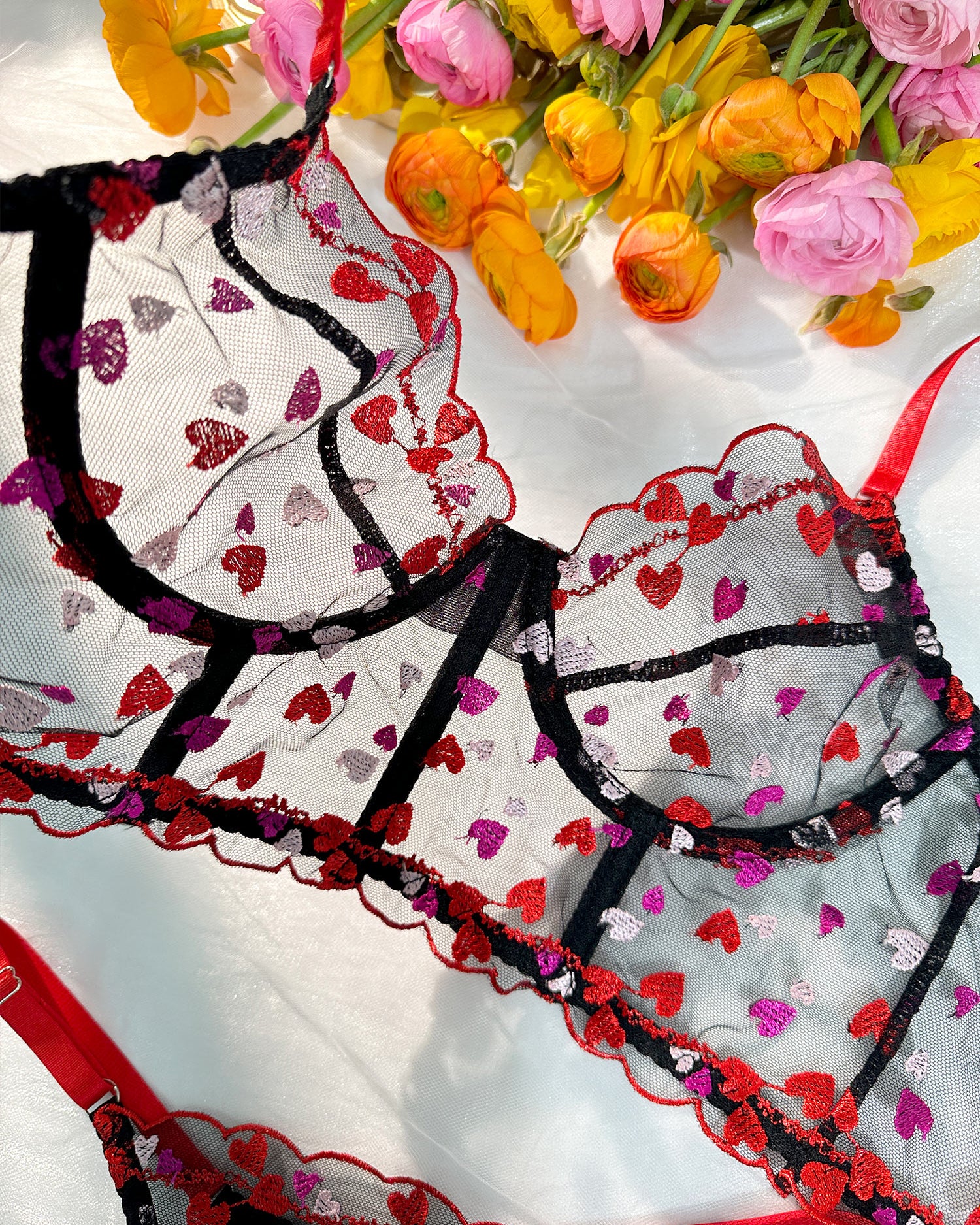 HelloLAGirl Sweetheart Delights Sheer Embroidered Lingerie Set