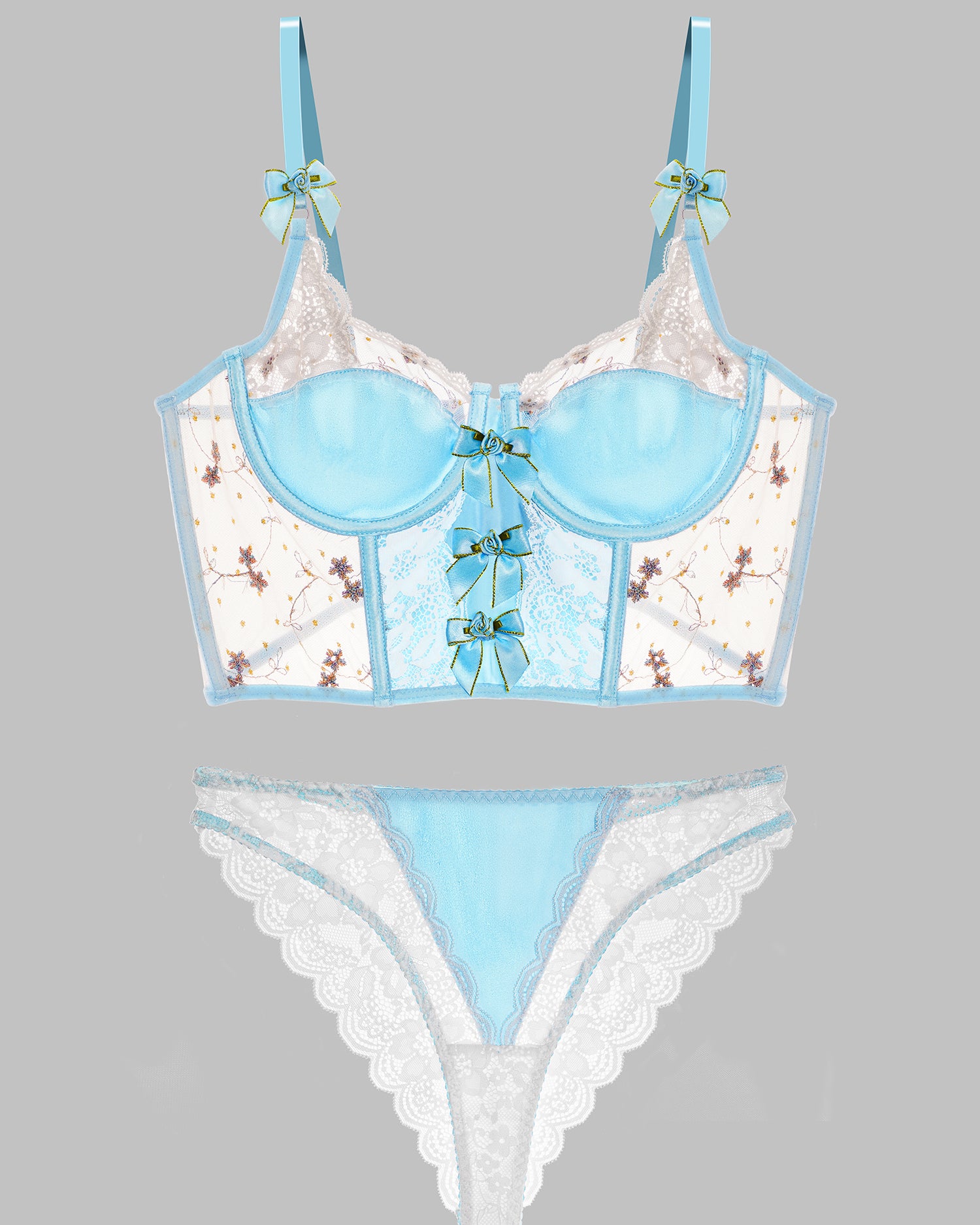 Playful Blue Satin Rosette Bow Lingerie Set