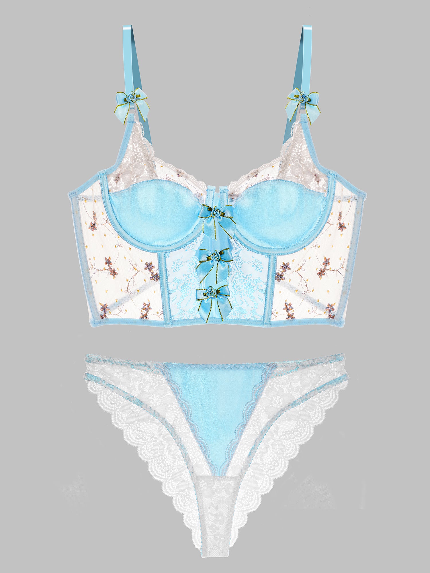 Playful Blue Satin Rosette Bow Lingerie Set