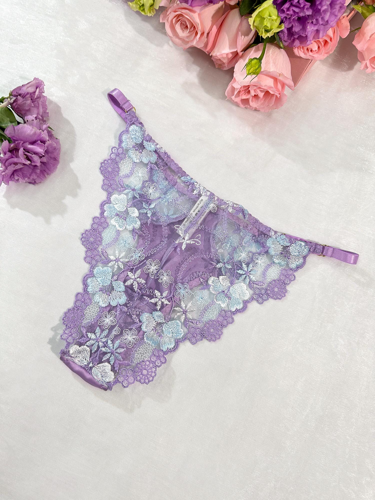 Lavender Floral Satin Lace Embroidery Thong