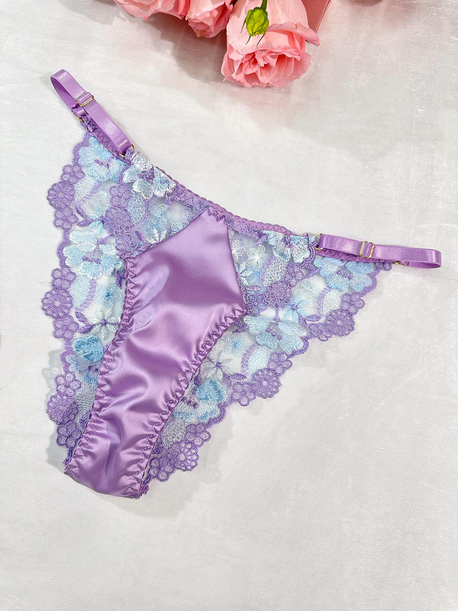 Lavender Floral Satin Lace Embroidery Thong