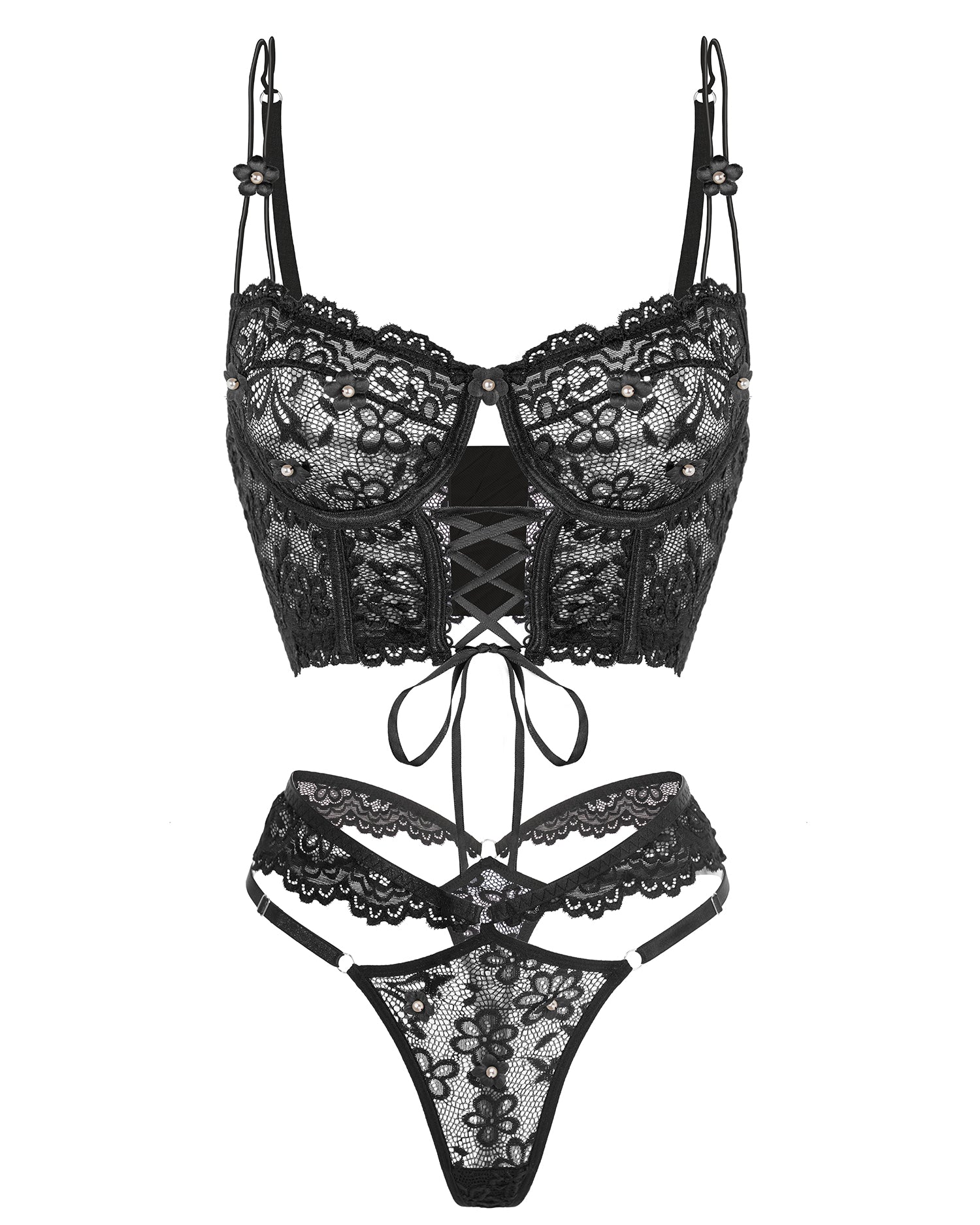 Black Pearls Small Flower Lace Lingerie Set