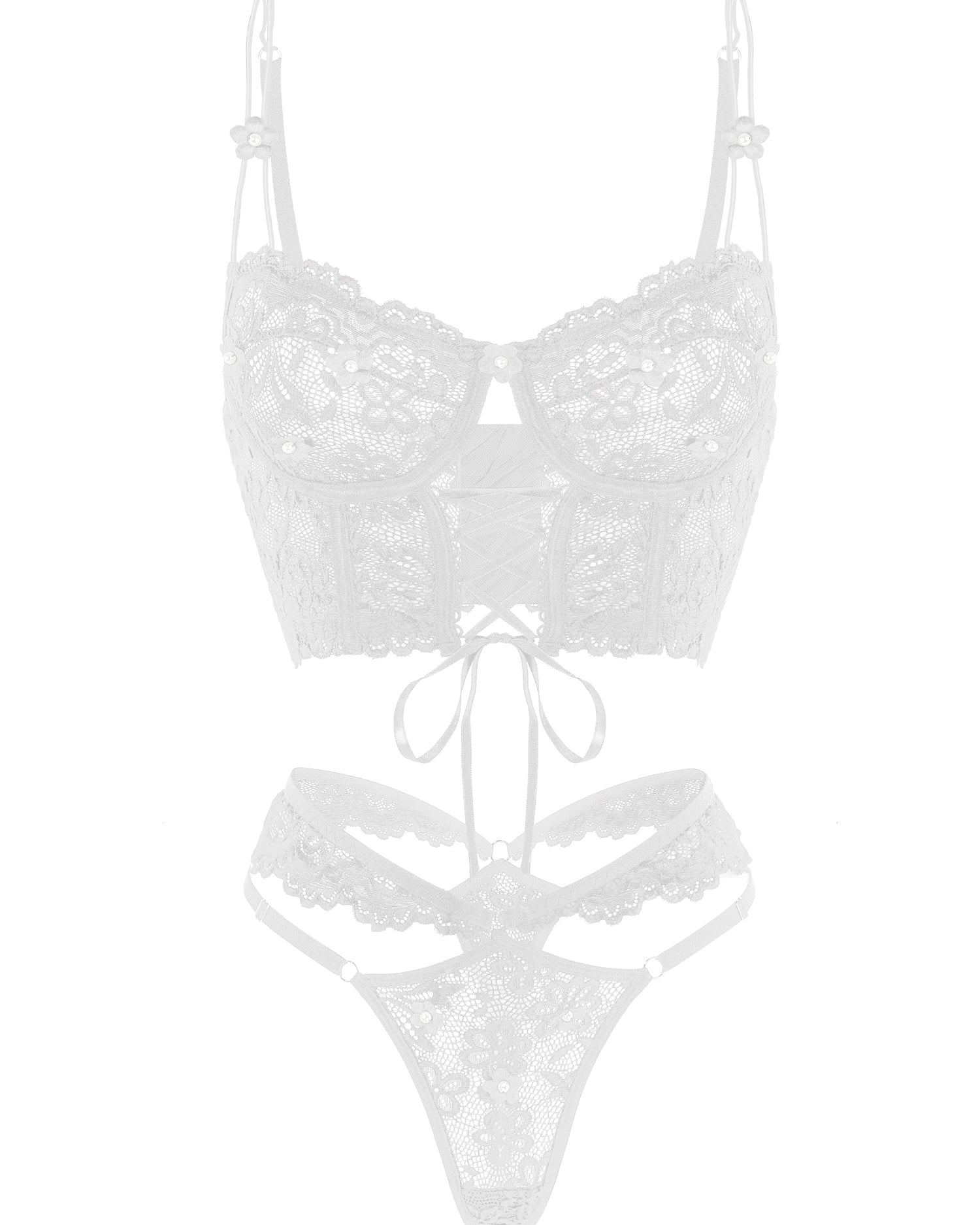 White Pearls Small Flower Lace Lingerie Set