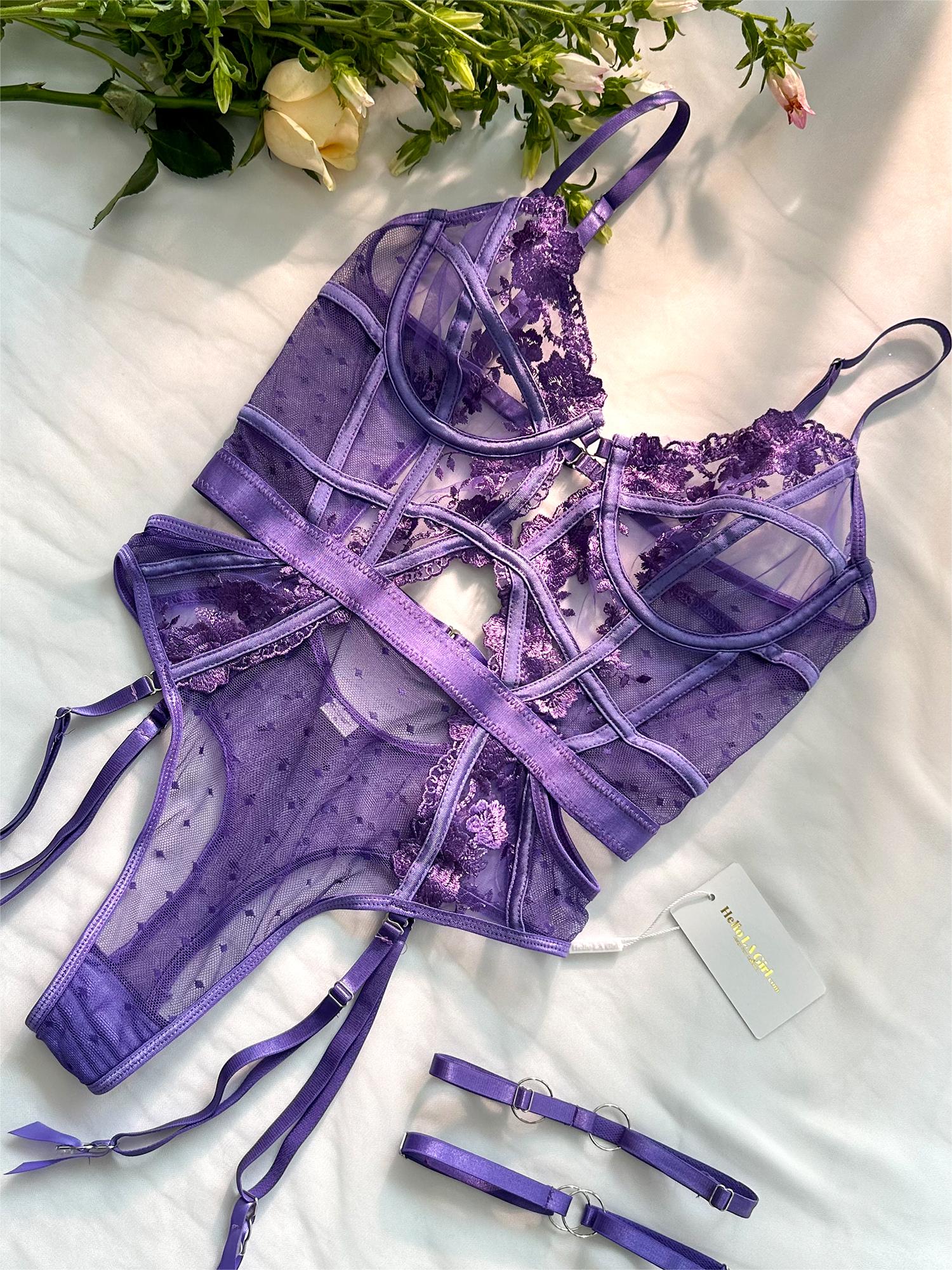Purple Solid Elegant Embroidered Lace Bodysuit