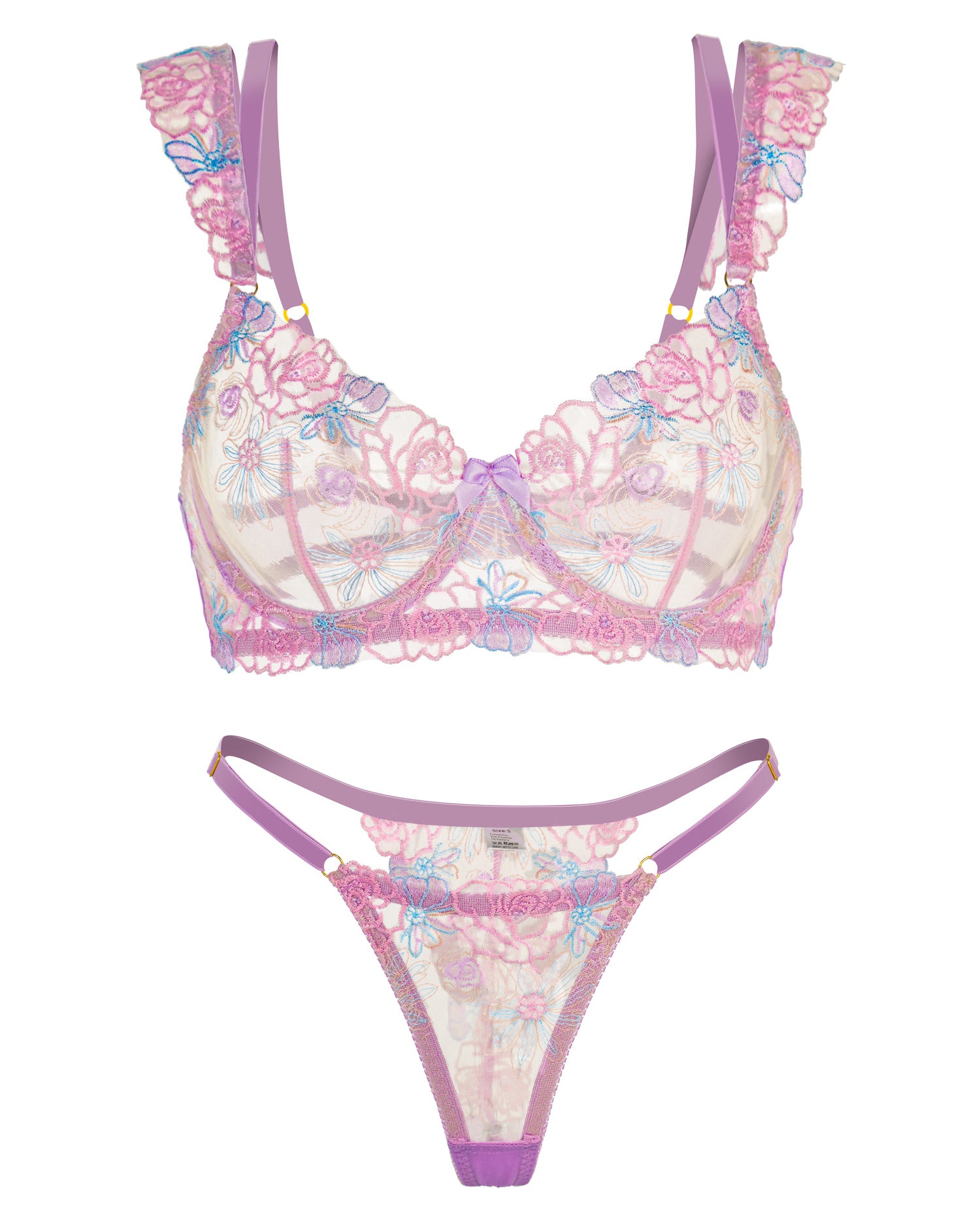 Purple Butterfly Bow Embroidered Flower Lingerie Set