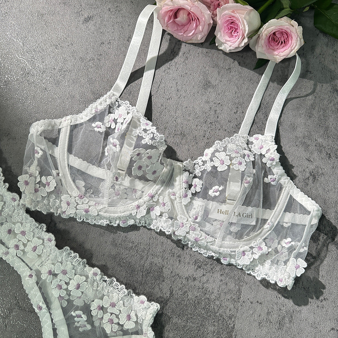 White Cherry Blossoms Sheer Lace Lingerie Set | HelloLAGirl