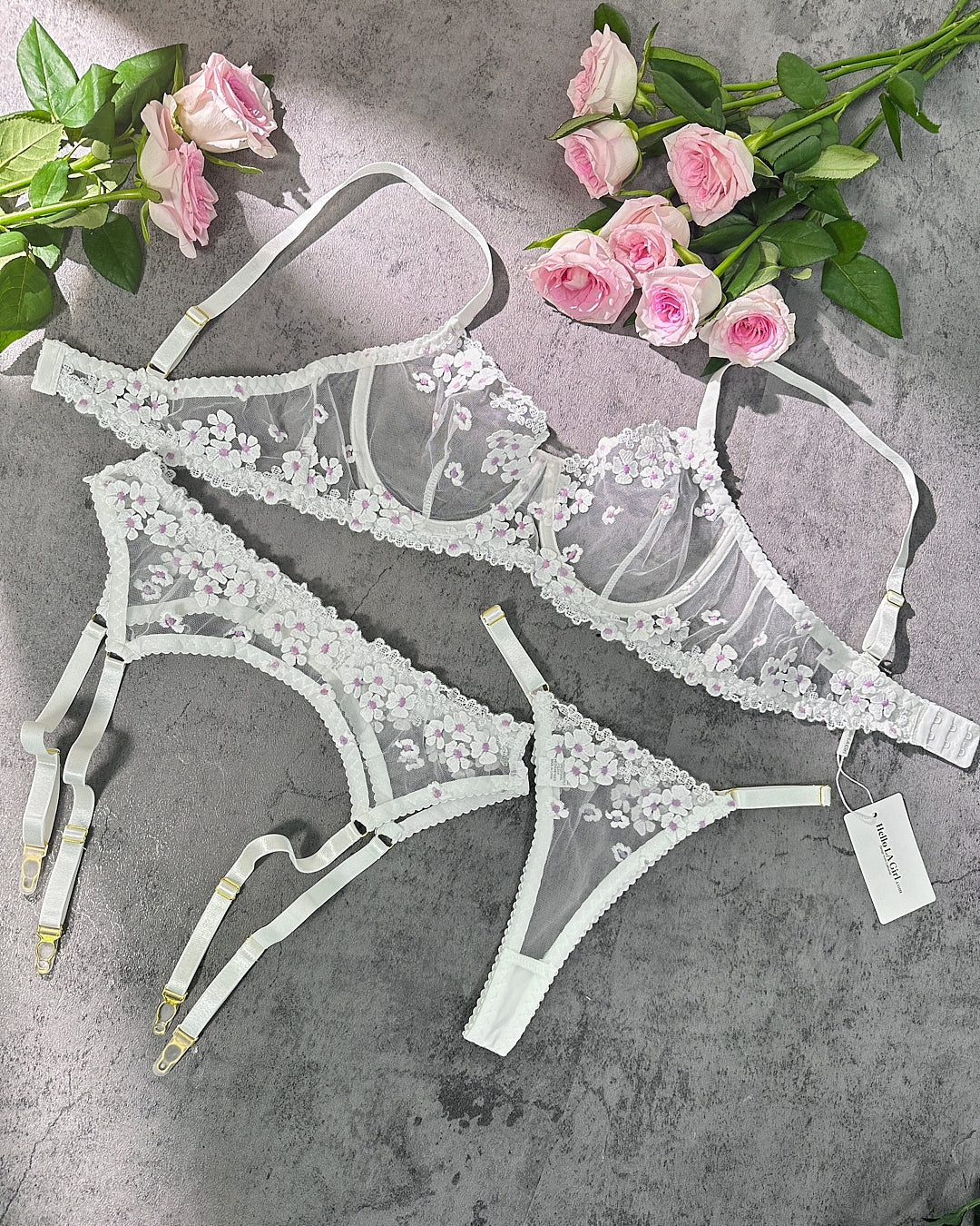 White Cherry Blossoms Sheer Lace Lingerie Set | HelloLAGirlWhite Cherry Blossoms Sheer Lace Lingerie Set | HelloLAGirl
