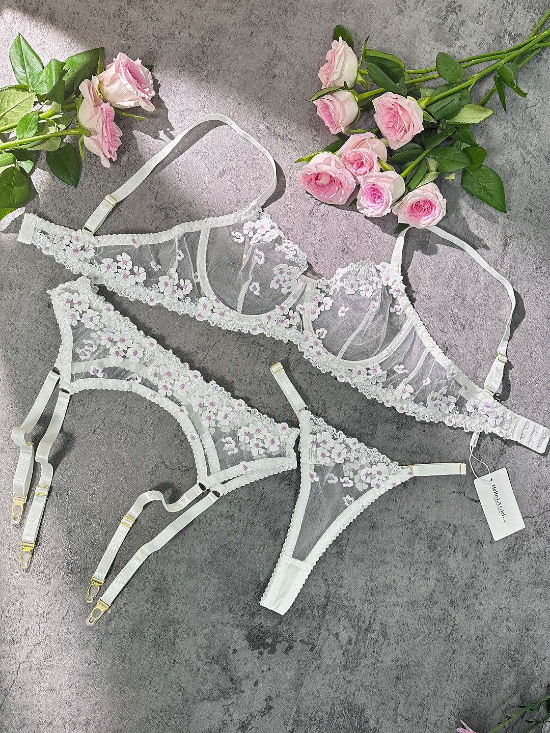 White Cherry Blossoms Sheer Lace Lingerie Set | HelloLAGirlWhite Cherry Blossoms Sheer Lace Lingerie Set | HelloLAGirl