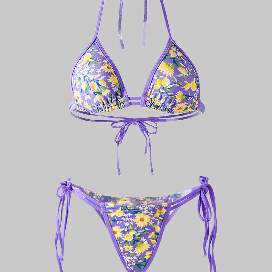 Purple Flowers Double Fabric Bikini Set