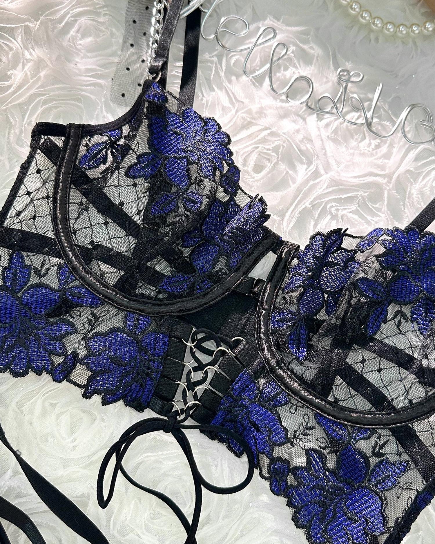 Black&blue Lace Tie Adjustable Sculpting Body Lingerie Set