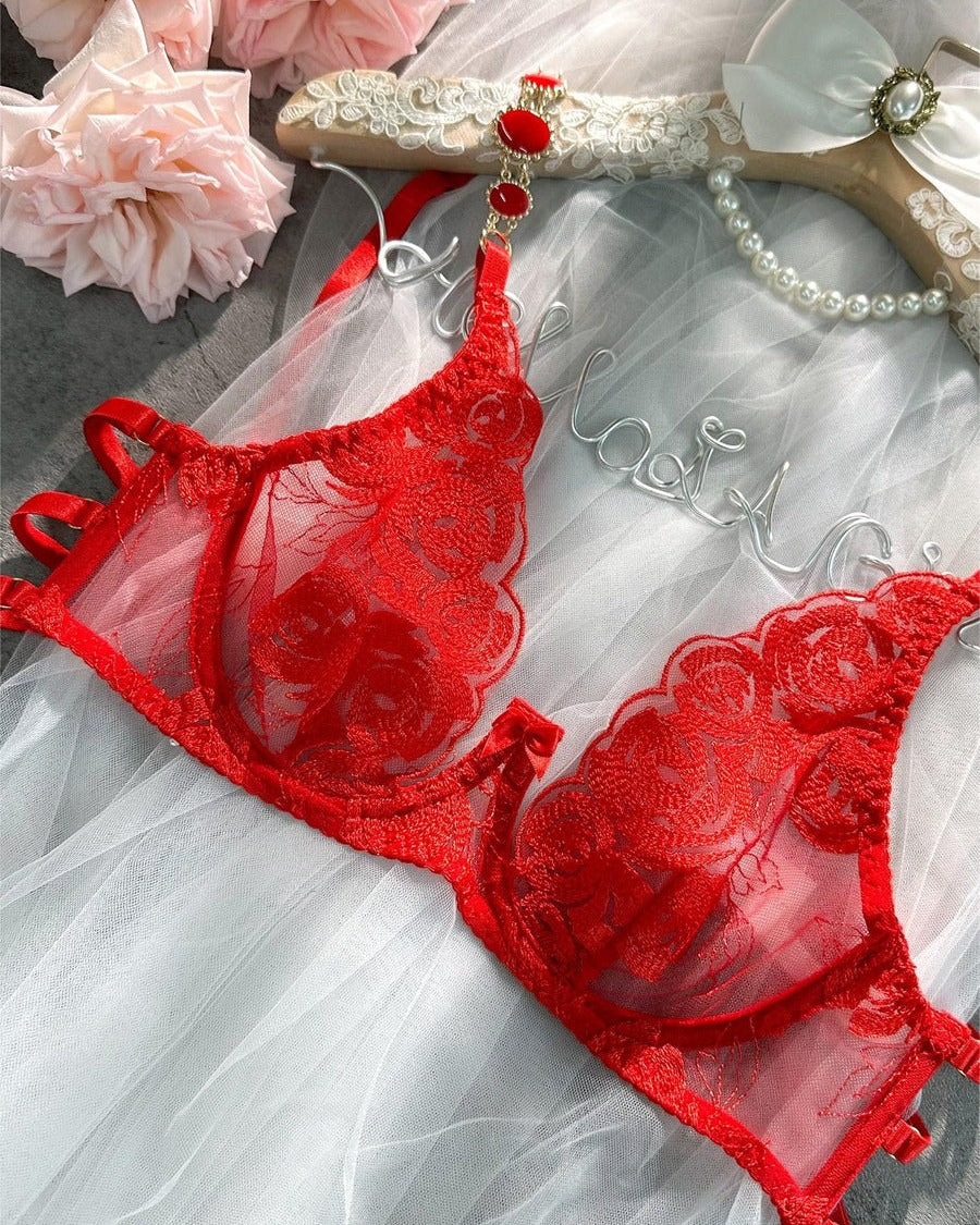 HelloLaGirlRed Embroidered Sexy Push Up Lingerie Set