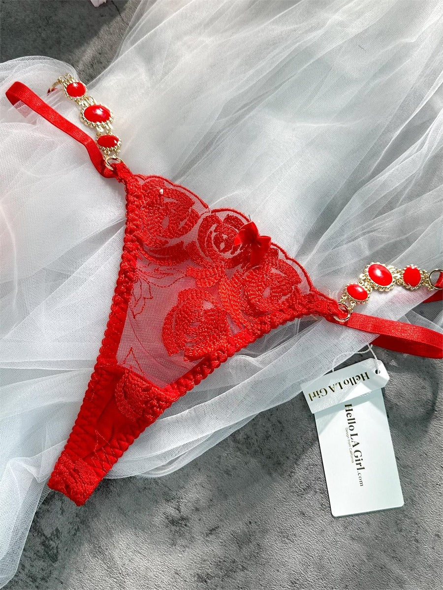 HelloLaGirlRed Embroidered Sexy Push Up Lingerie Set