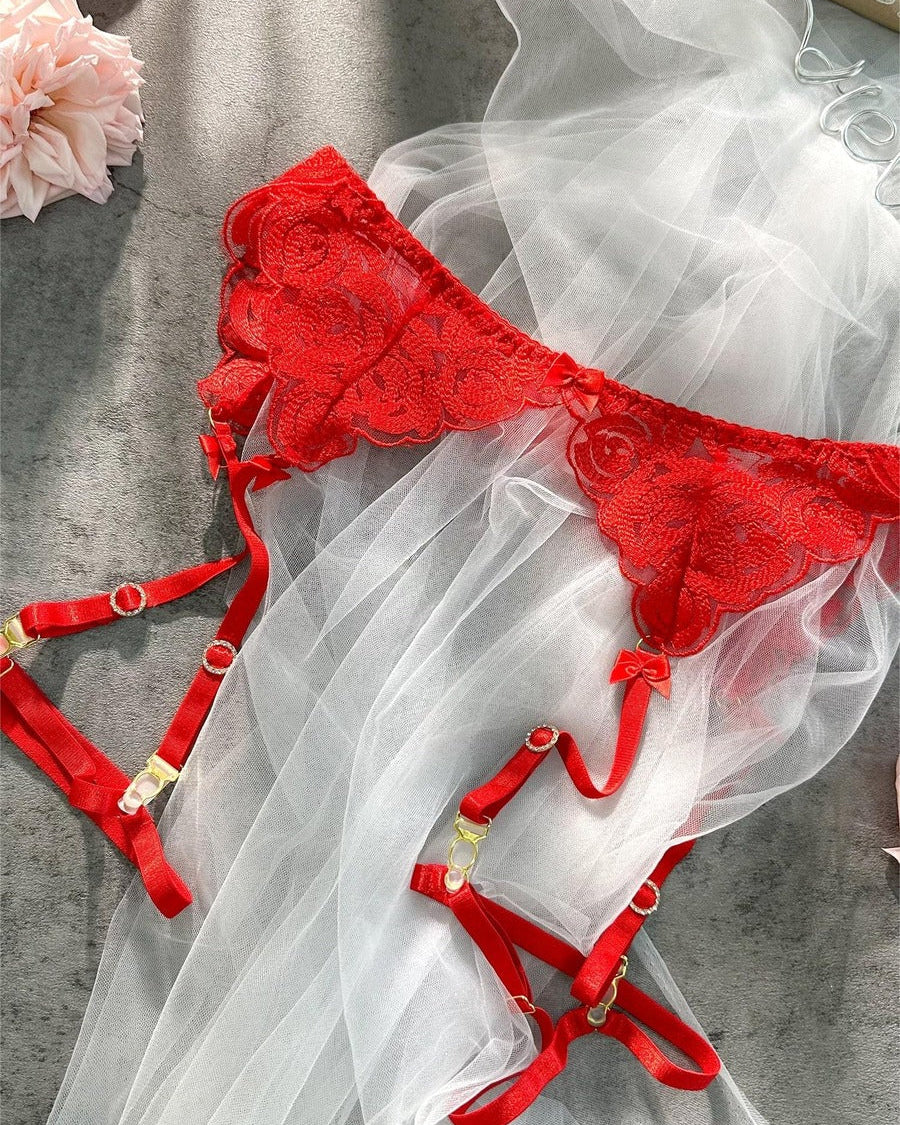 HelloLaGirlRed Embroidered Sexy Push Up Lingerie Set