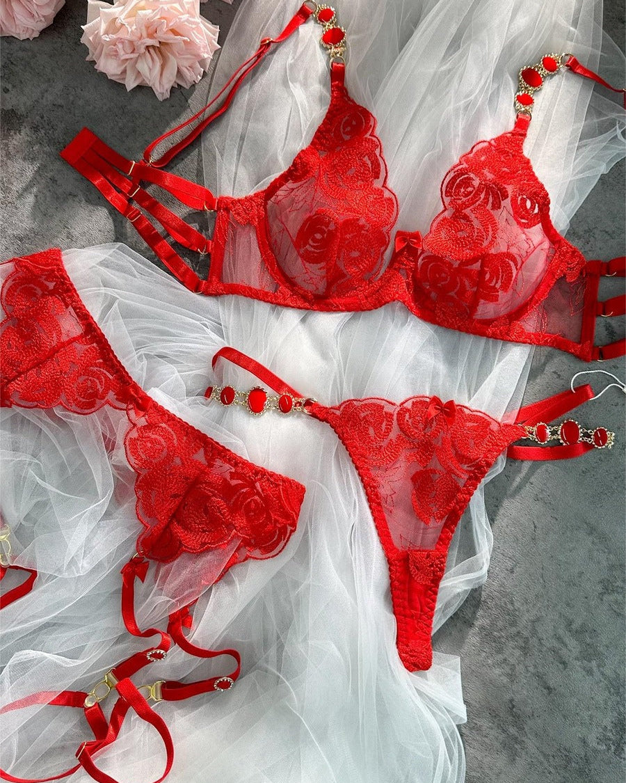 HelloLaGirlRed Embroidered Sexy Push Up Lingerie Set