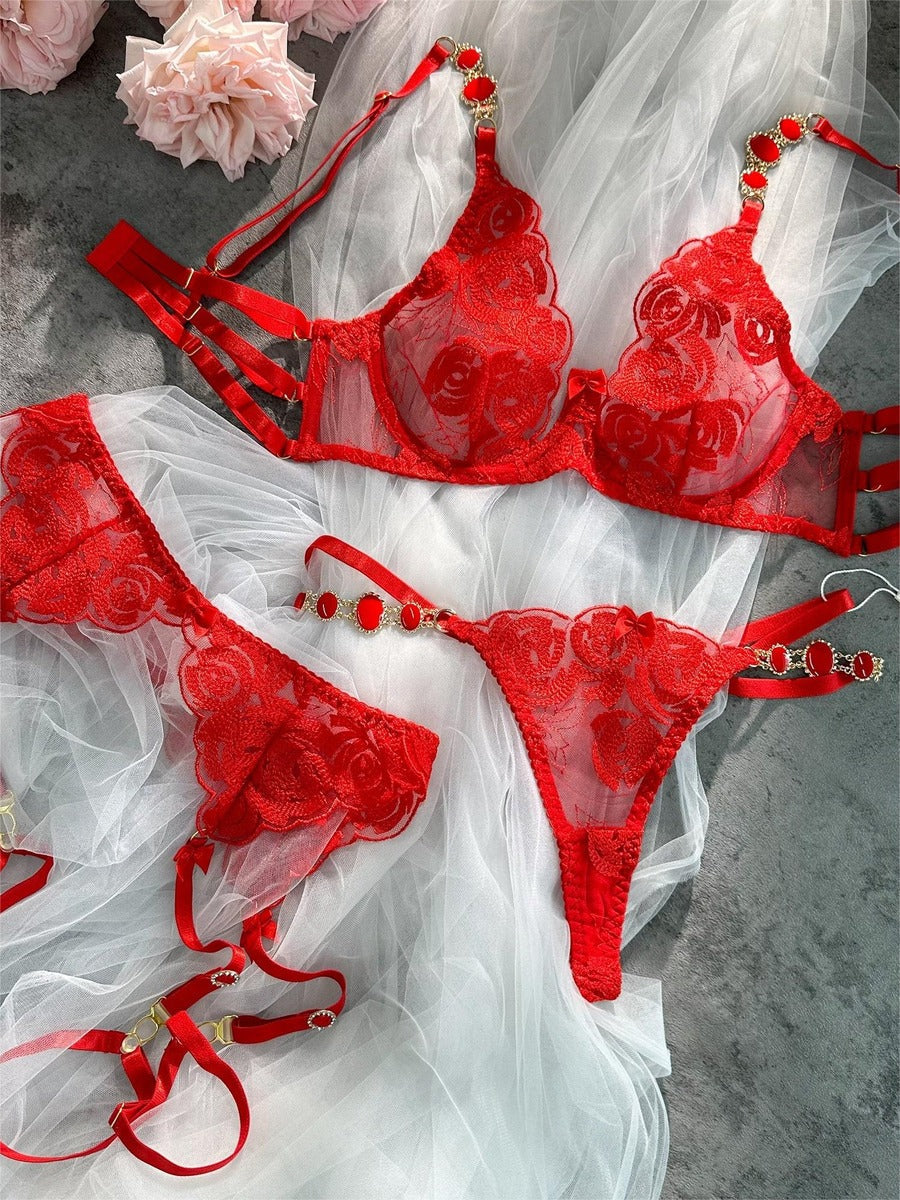 HelloLaGirlRed Embroidered Sexy Push Up Lingerie Set