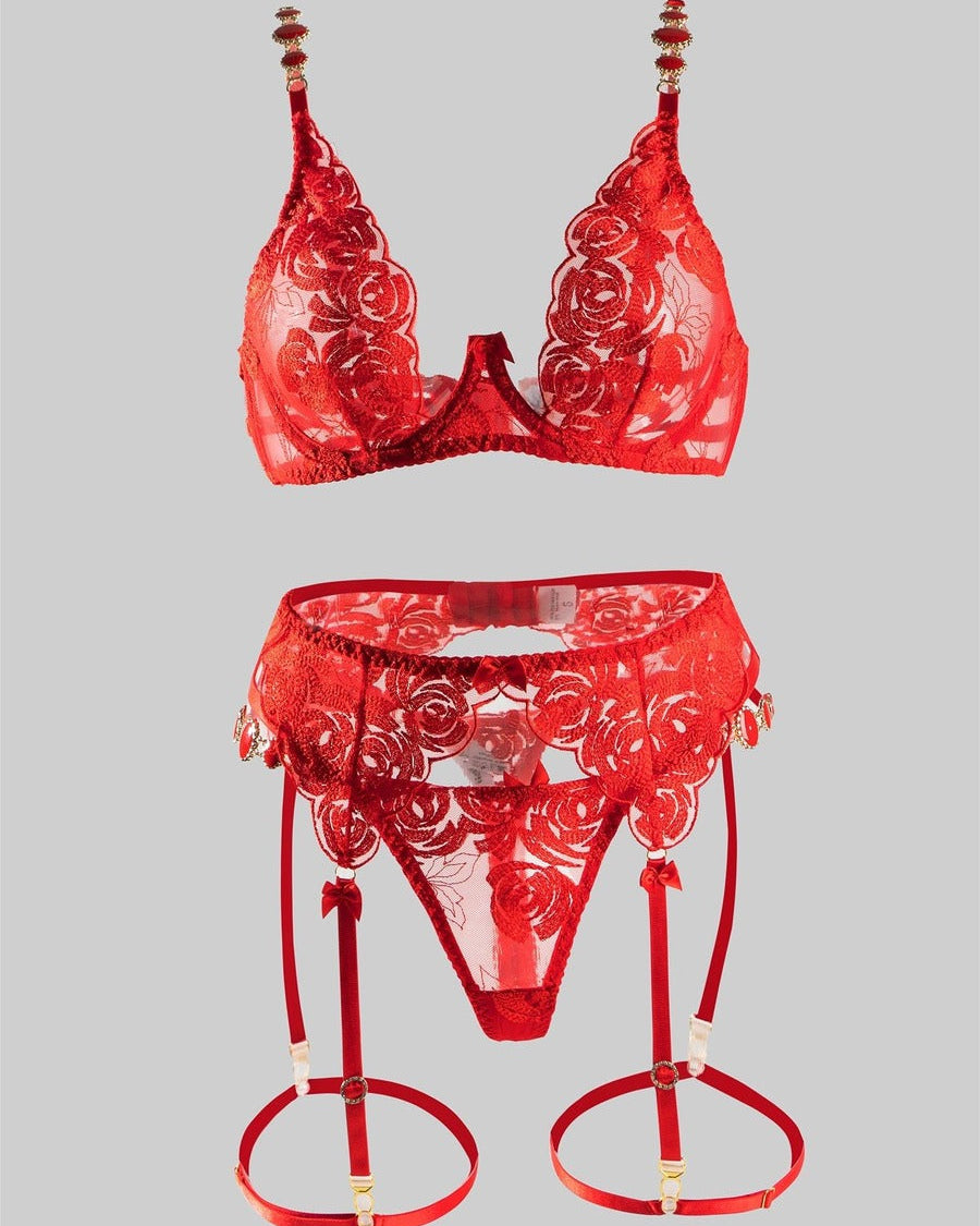 HelloLaGirlRed Embroidered Sexy Push Up Lingerie Set