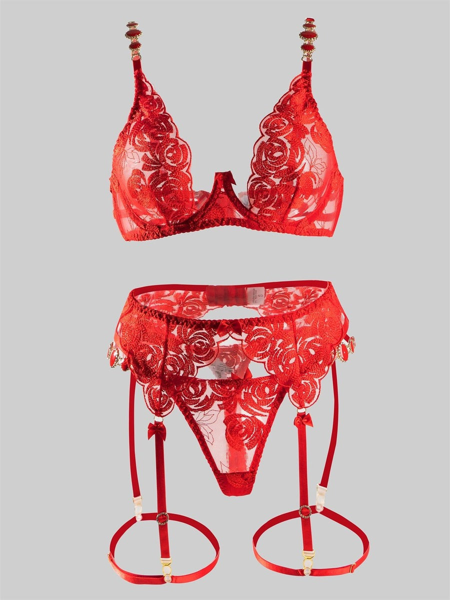 HelloLaGirlRed Embroidered Sexy Push Up Lingerie Set