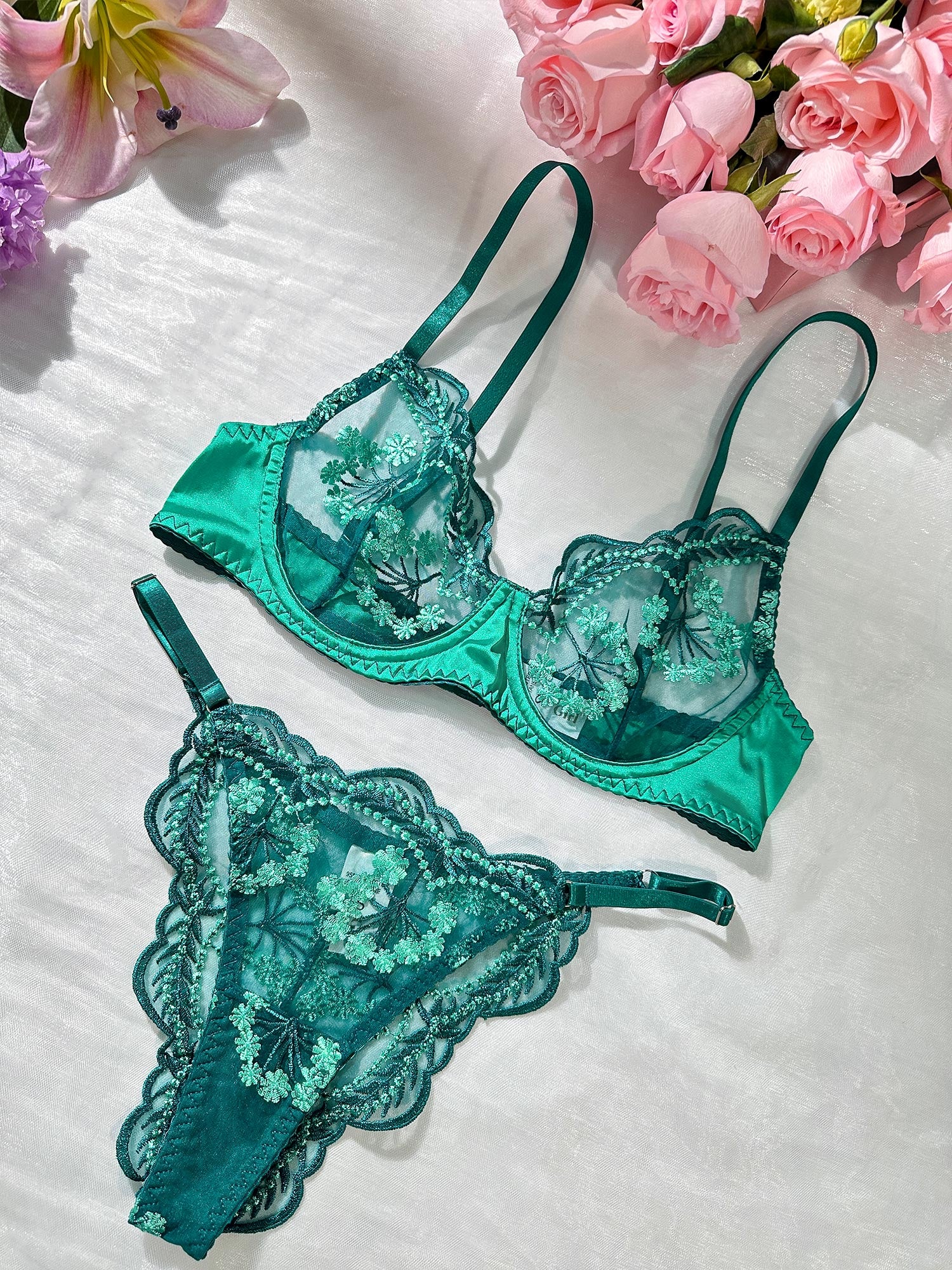 Vintage Turquoise Satin Embroidered Thong